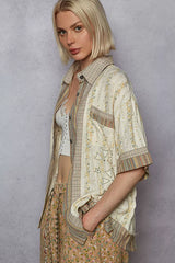 Trendsi POL Printed Button Down Patchwork Short Sleeve Shirt -