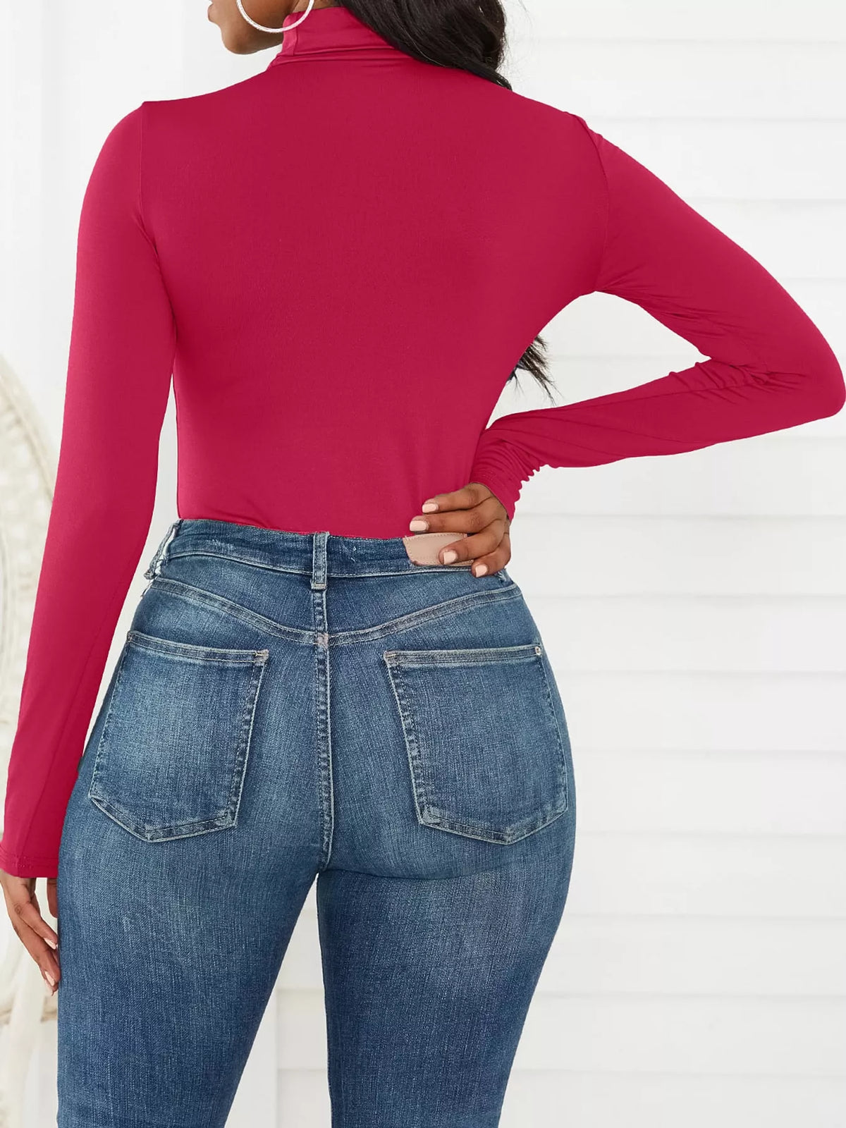 Long Sleeve Turtleneck Slim-Fit Bodysuit, back view in red