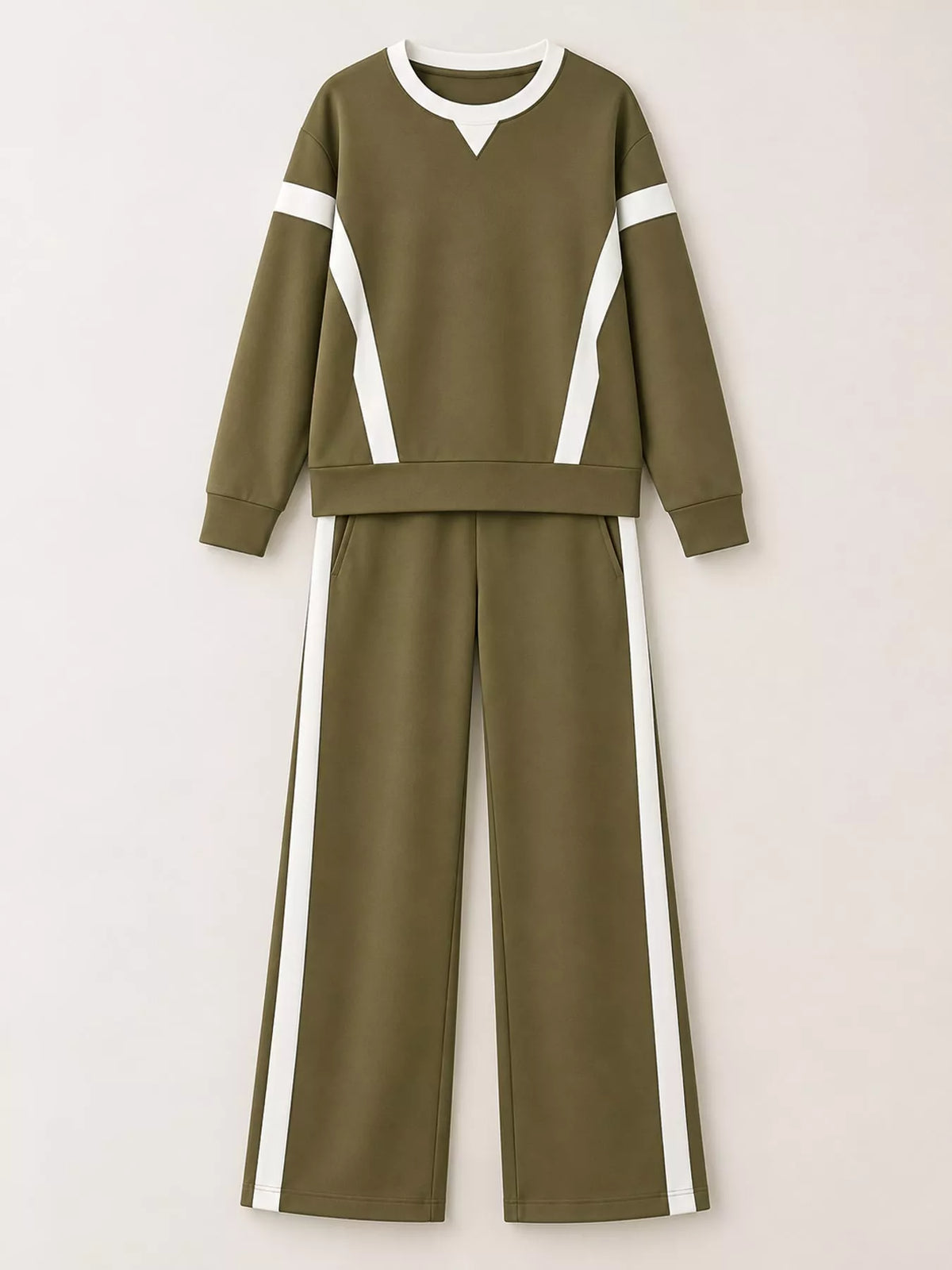 Contrast Striped Crew Neck Top and Pants Set in olive green and white