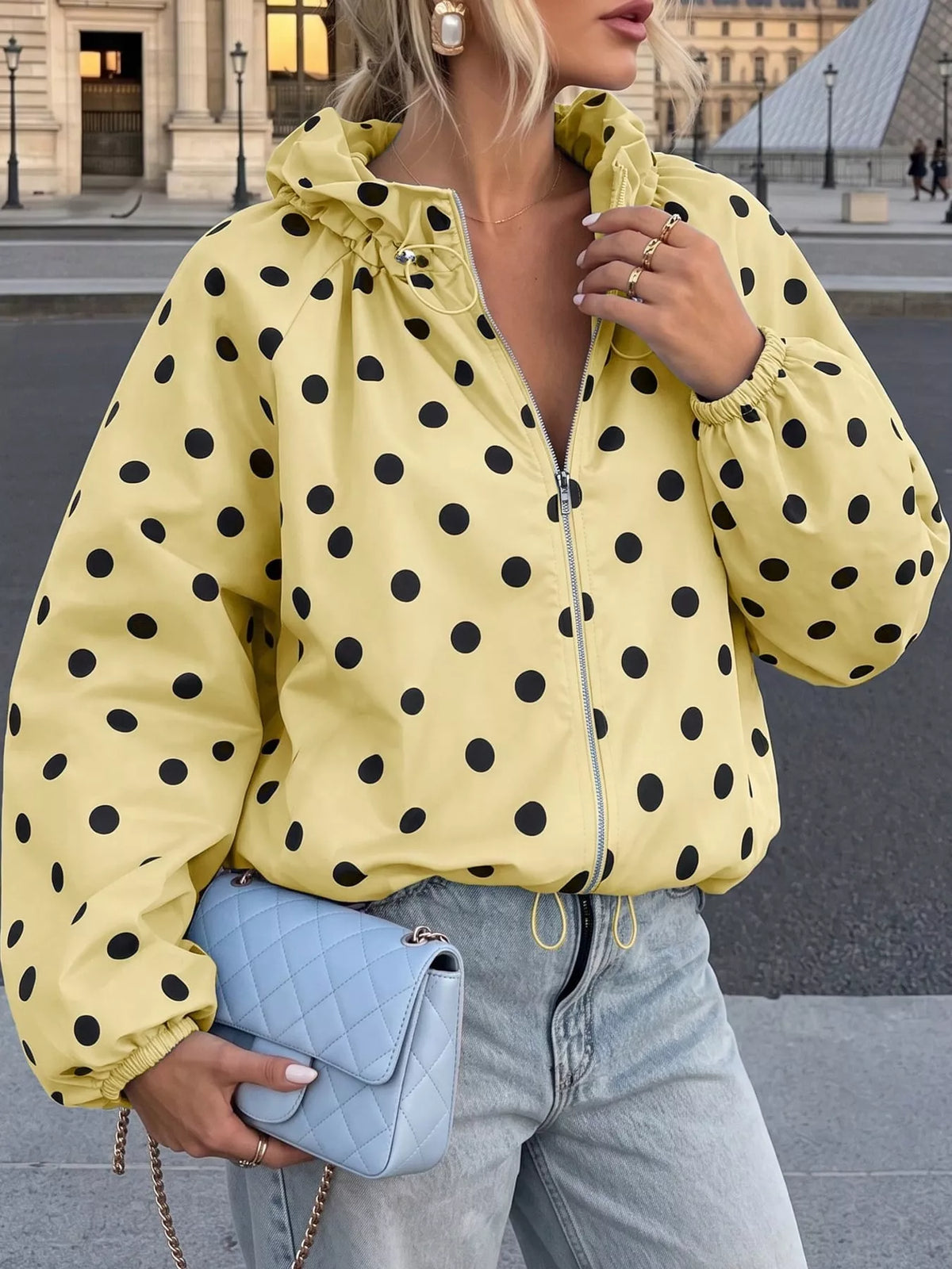 Polka Dot Drawstring Zip-Up Jacket — front view