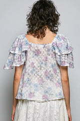 Trendsi POL Lace Detail Floral Tie Front Ruffle Short Sleeve Blouse -
