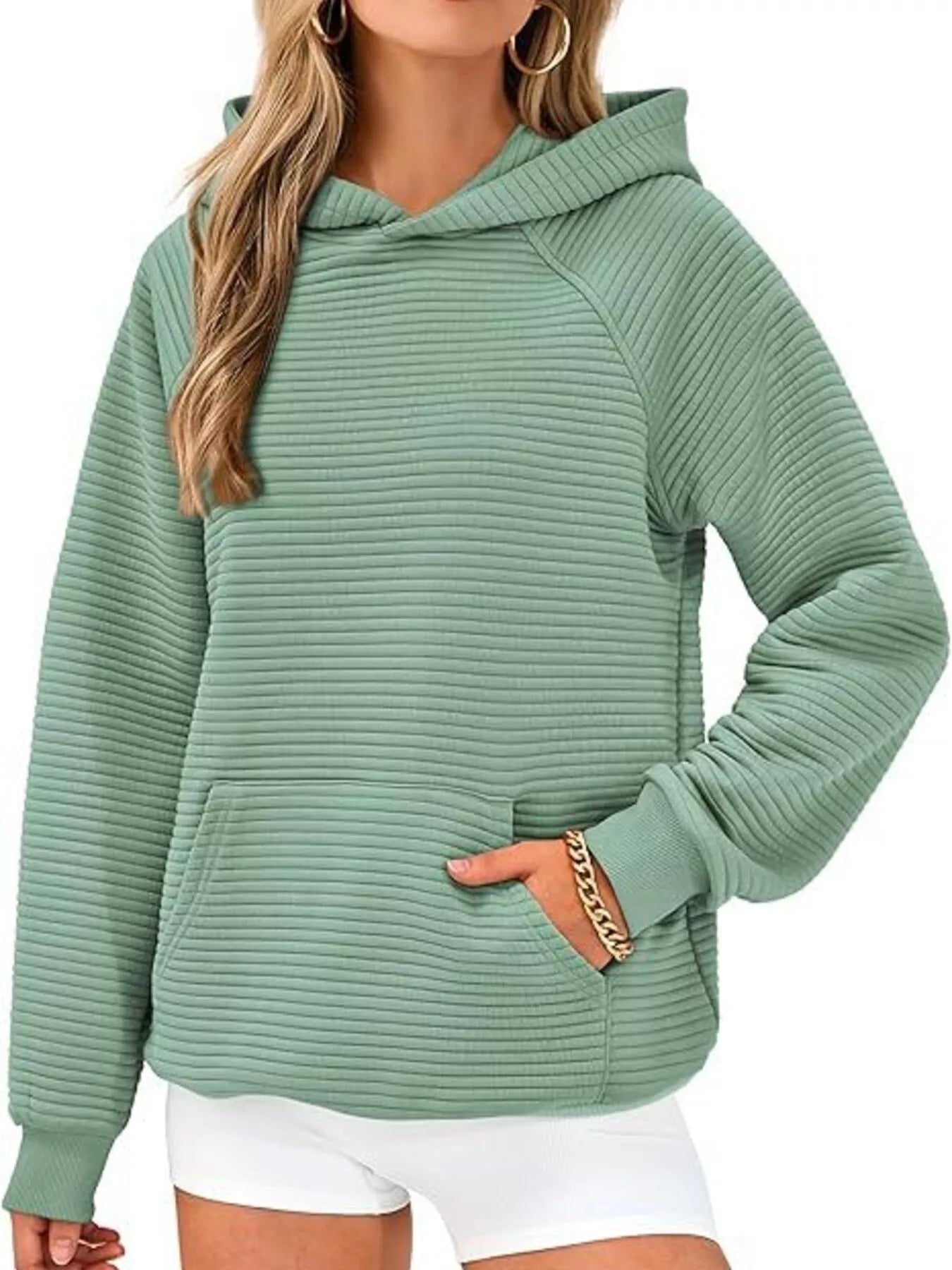 Trendsi Texture Kangaroo Pocket Raglan Sleeve Hoodie -