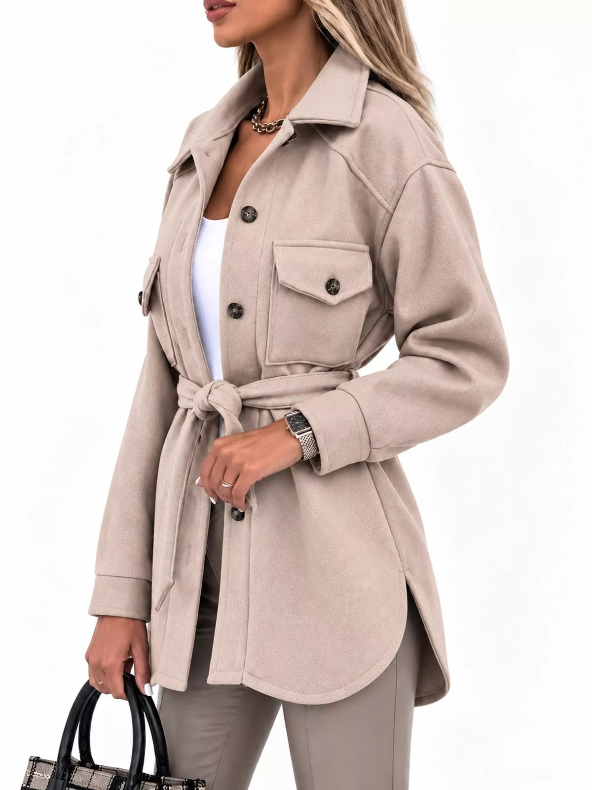 Belted Button-Down Shirt Jacket — front view