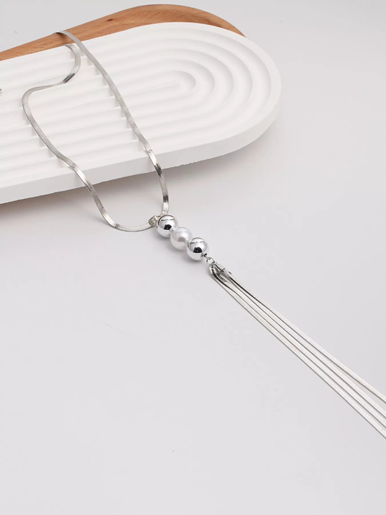 Trendsi Alloy Silver-Plated Bead Tassel Necklace -