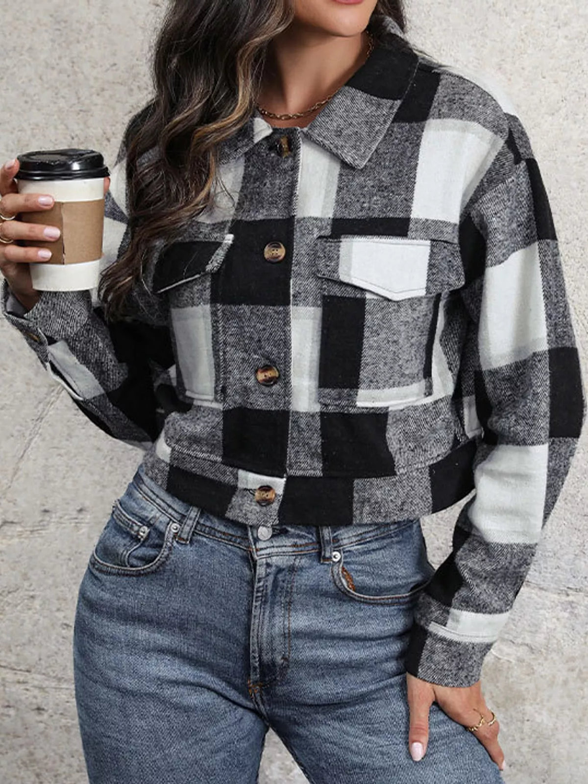 Gray plaid button-up cropped jacket