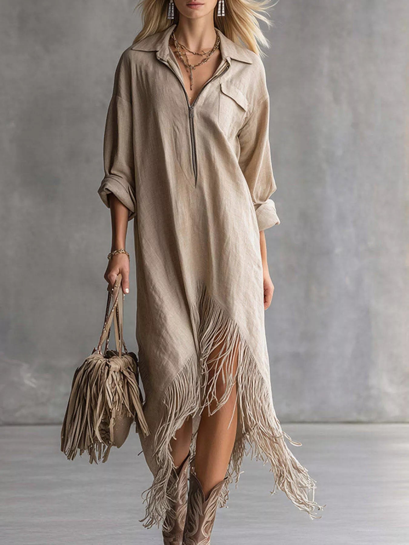 Trendsi Fringe Hem Zip-Up Shirt Dress -