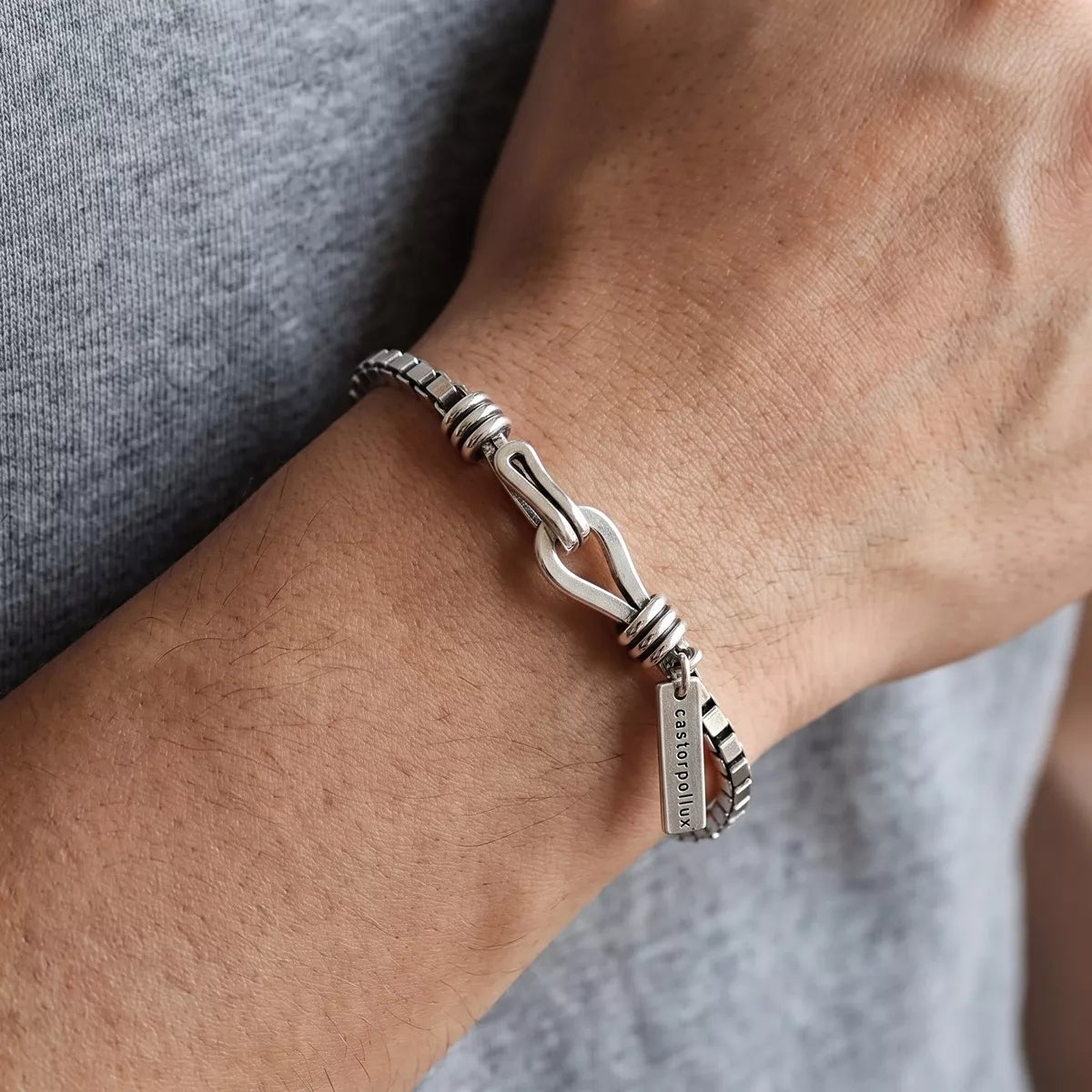 Stainless Steel Knot Clasp Chain Bracelet, shown worn