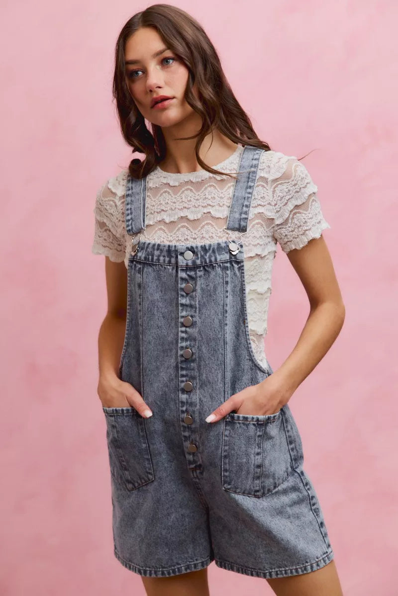 Women's Denim Romper With Adjustable Straps Button Front Acid Wash — product view 7