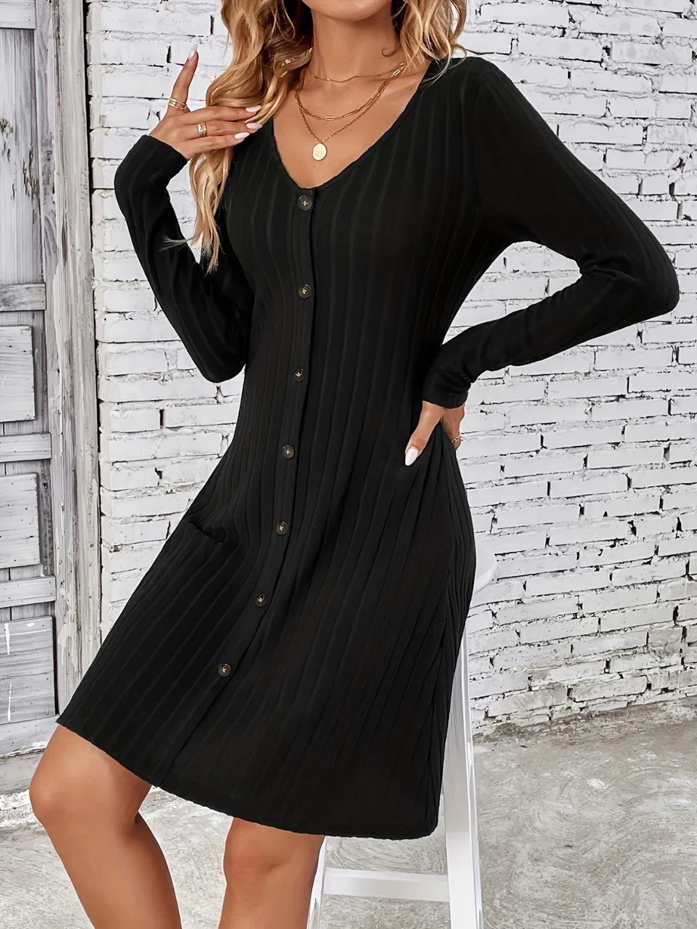 Trendsi V-Neck Long Sleeve Mini Dress -