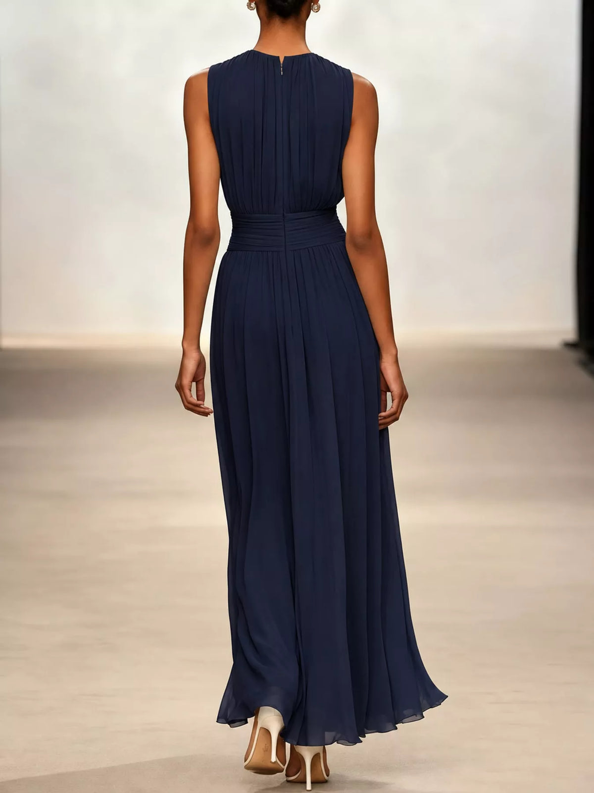Navy sleeveless ruched chiffon maxi dress, back view