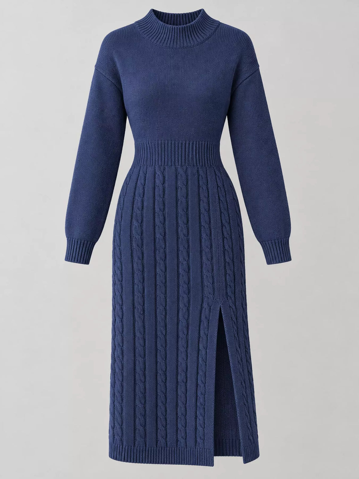 Women's Mock Neck Cable Knit Sweater Dress with Front Slit in navy — flat lay view