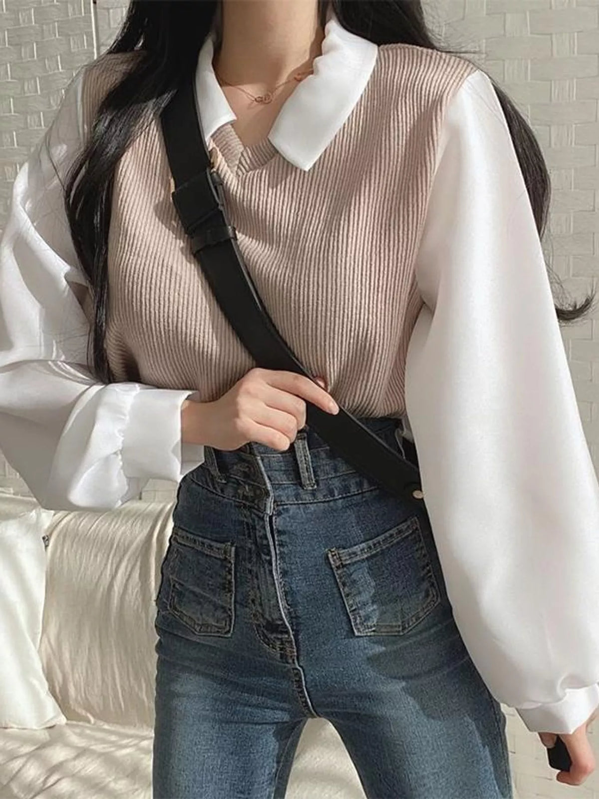 Layered blouse, taupe and white front