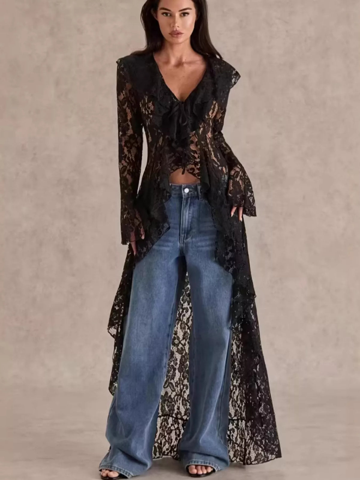 Lace ruffle-trim high-low blouse