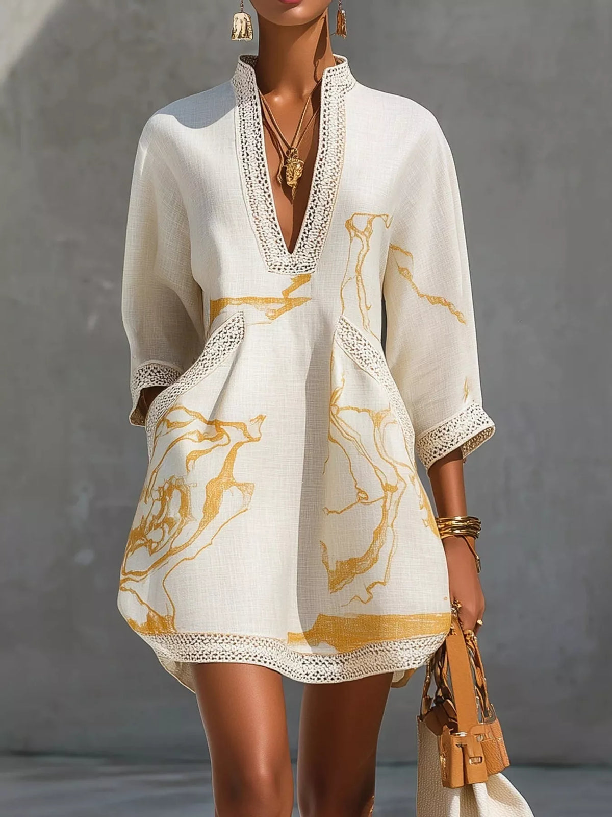White notched 3/4 sleeve mini dress