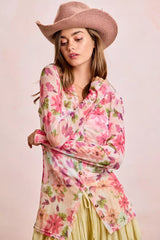 Trendsi BiBi Floral Shrried Detail Button Up Mesh Cardigan Top -
