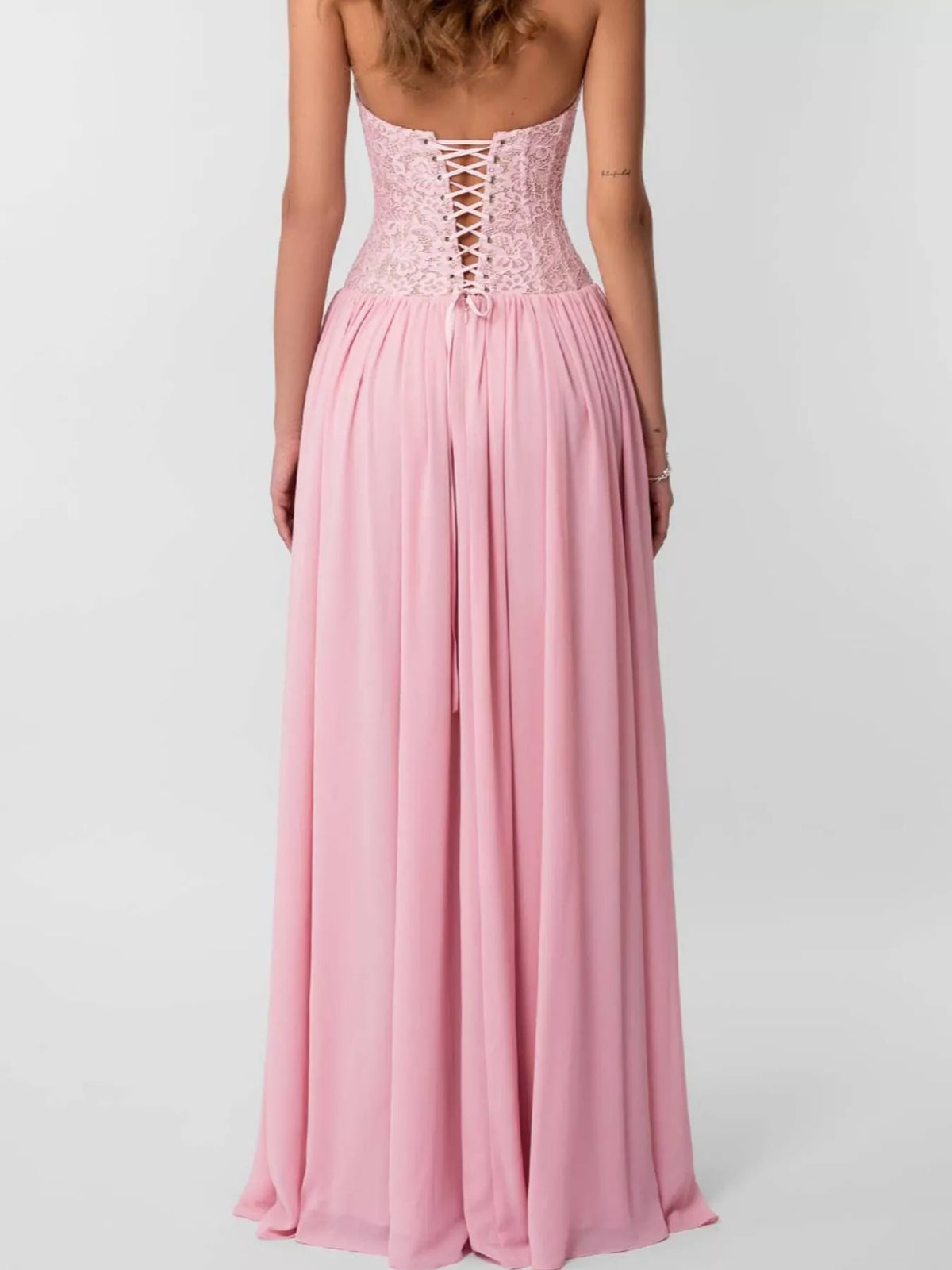 Pink lace corset halter neck maxi dress — back view