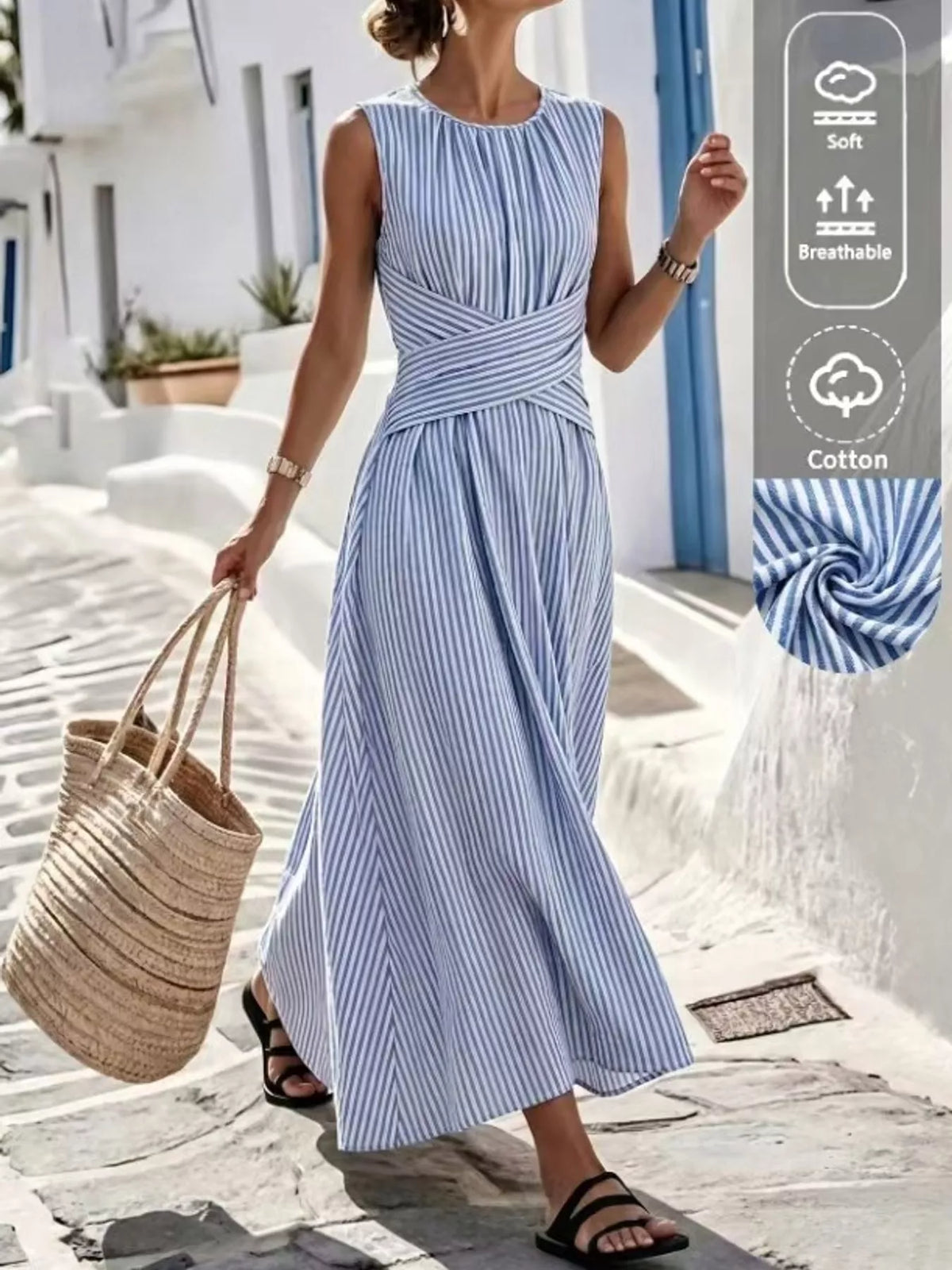 Women's Sleeveless Striped Maxi Dress with Criss-Cross Waist Detail in blue striped — front view