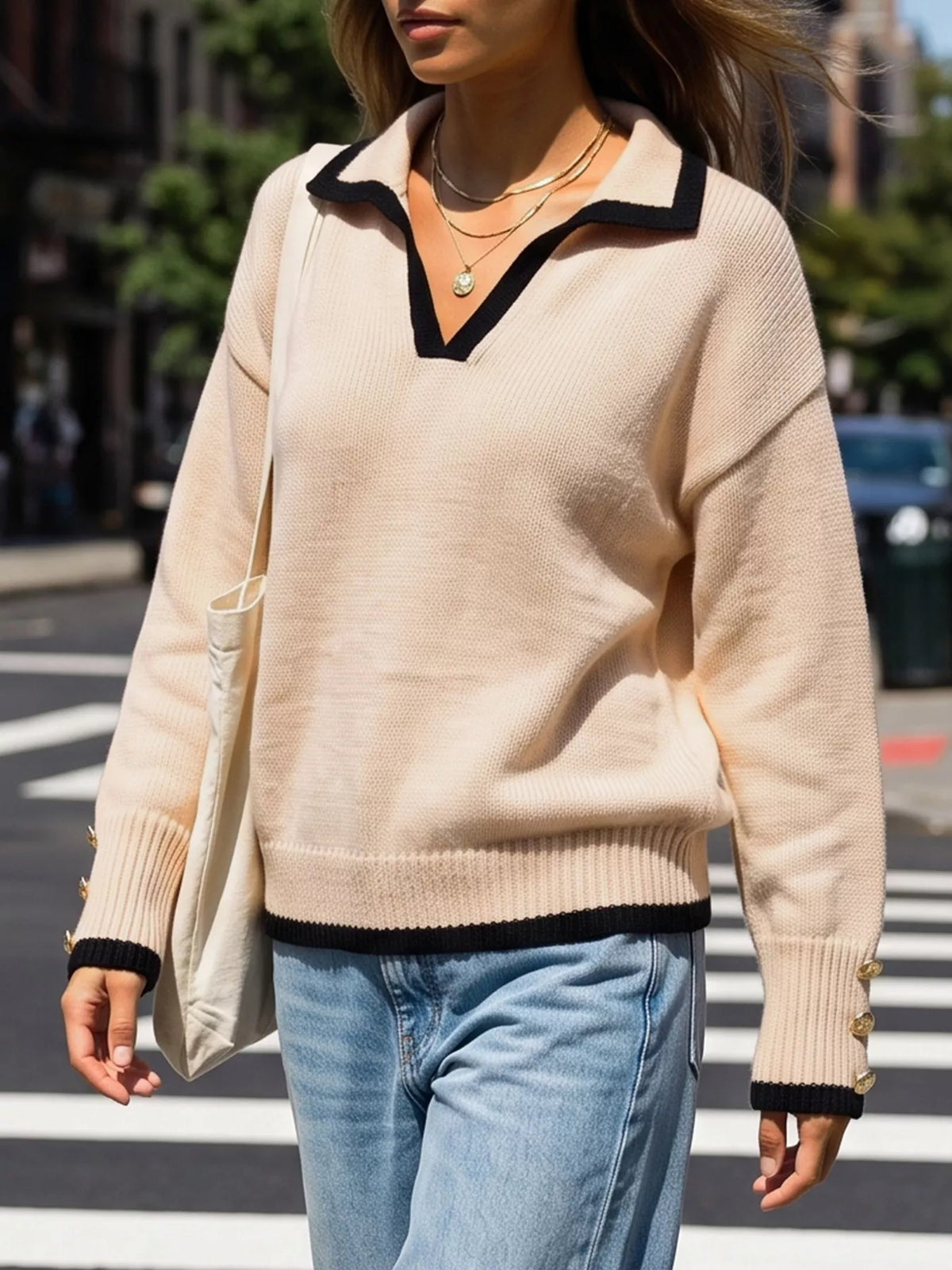 Beige contrast-trim polo collar sweater, front view