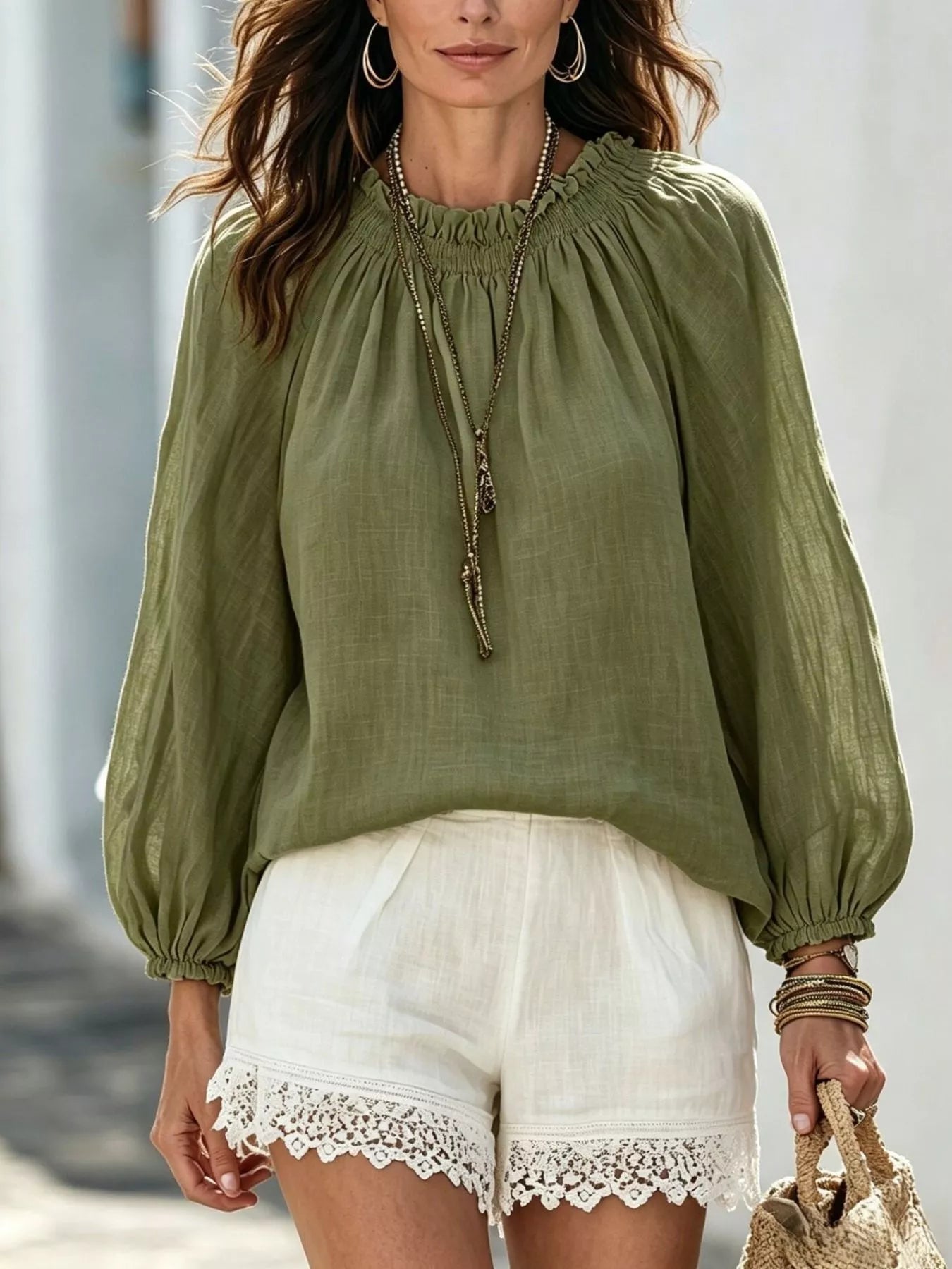 Trendsi Round Neck Balloon Sleeve Blouse -