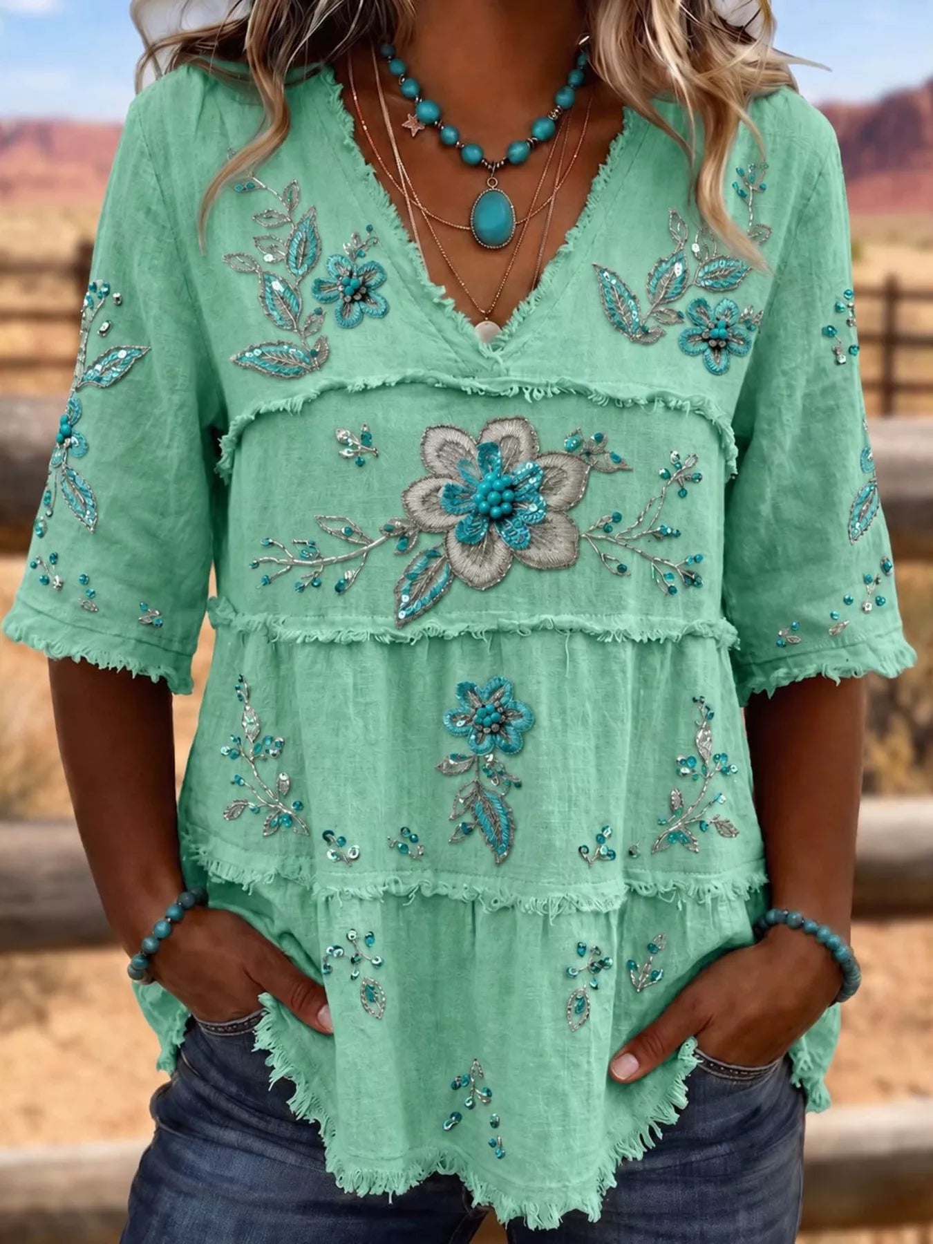Trendsi Full Size Floral Raw Hem V-Neck Blouse Plus Size -