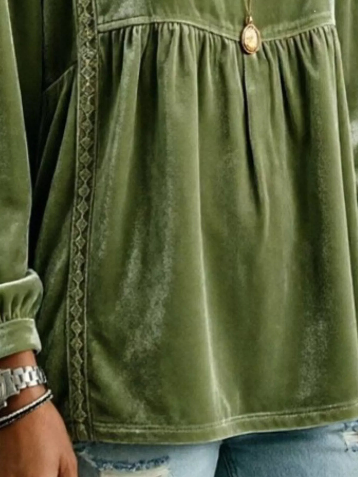 Women's V-Neck Long-Sleeve Velvet Blouse with Lace Trim — alternate view 11