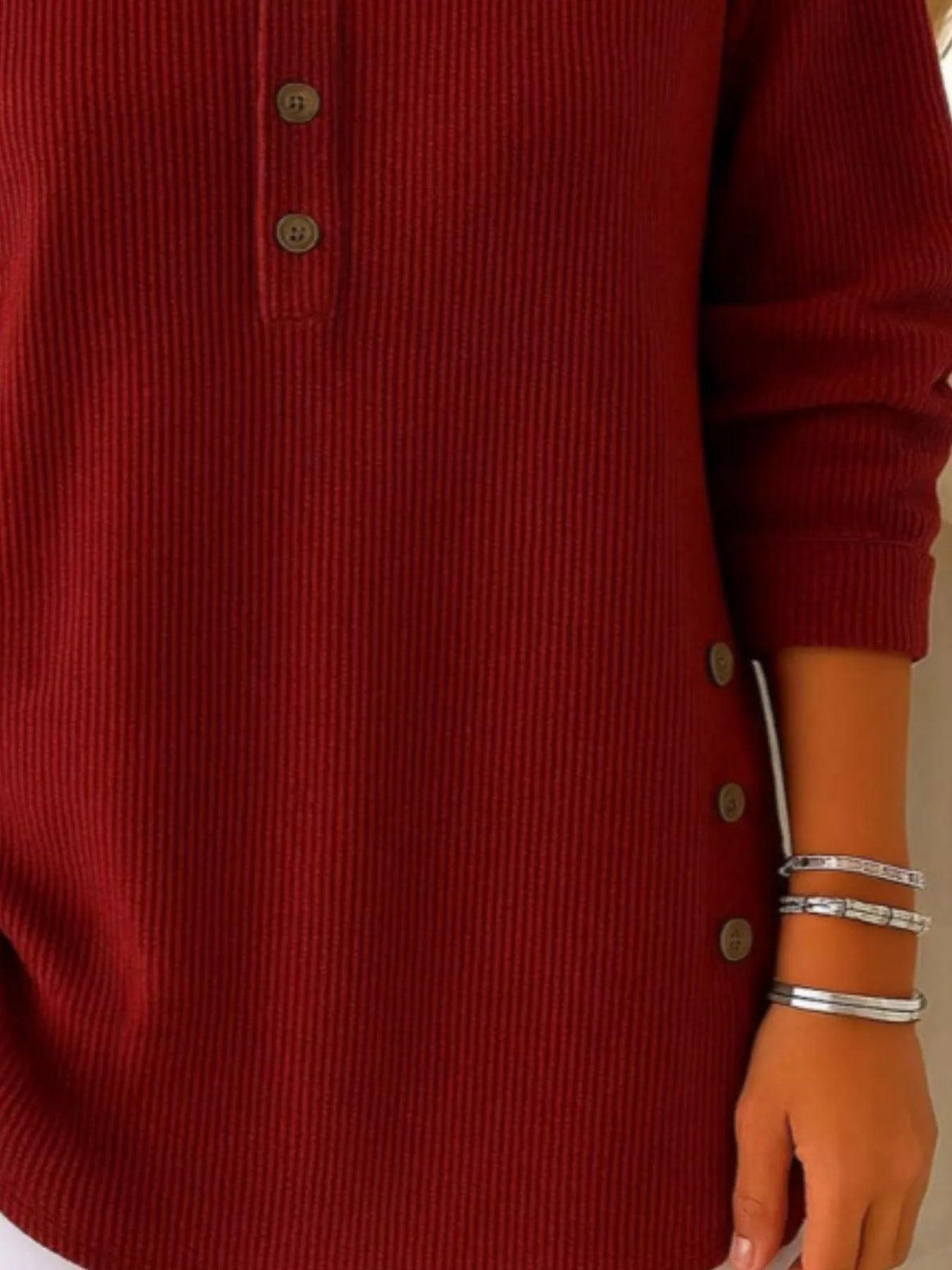 Women's Button Detail Corduroy Top in Wine Red, back view
