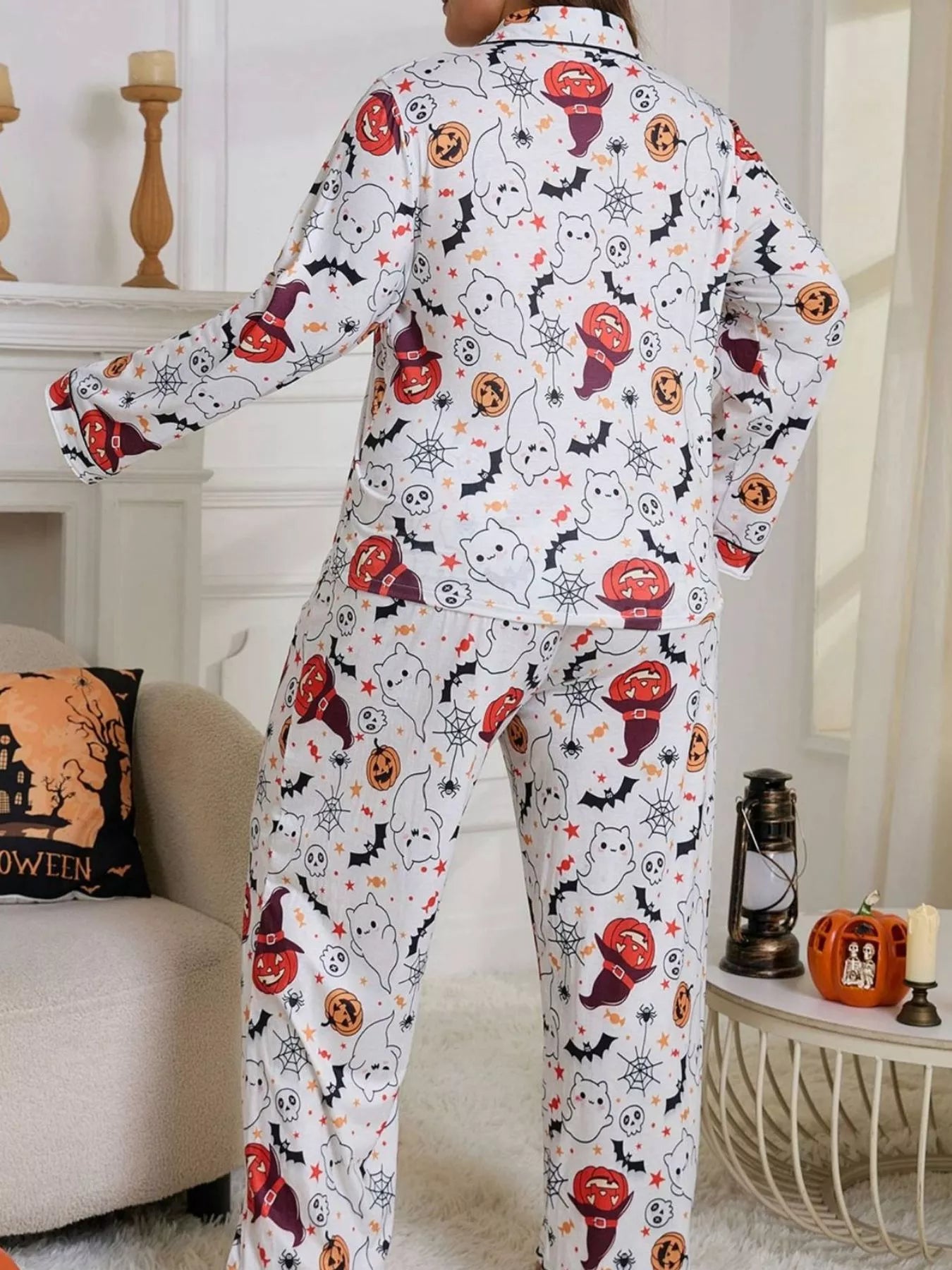 Trendsi Plus Size Halloween Ghost and Pumpkin Print Top and Pants Lounge Set -