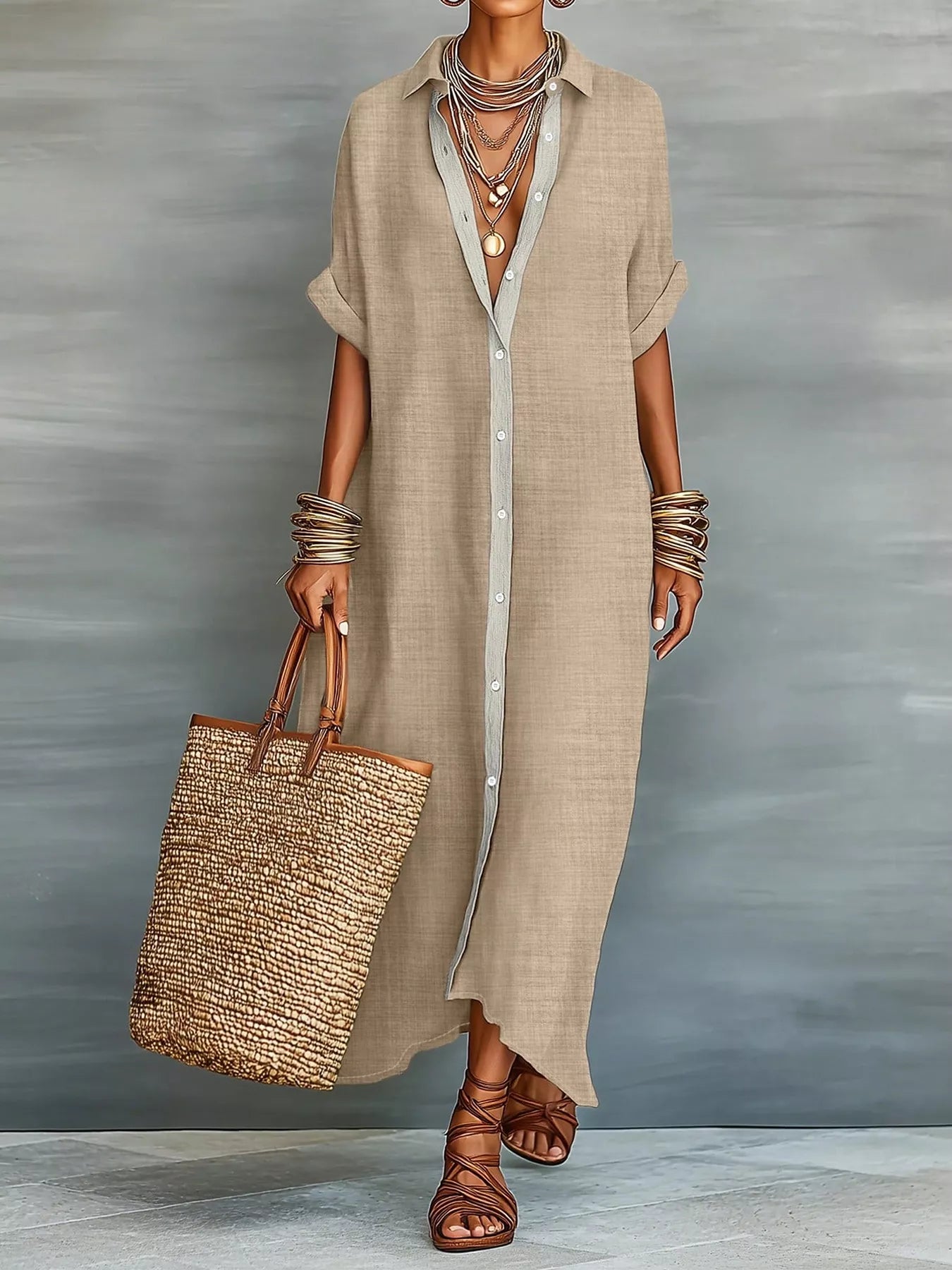 Trendsi Casual Linen Shirt Dress with Button-Down Front -