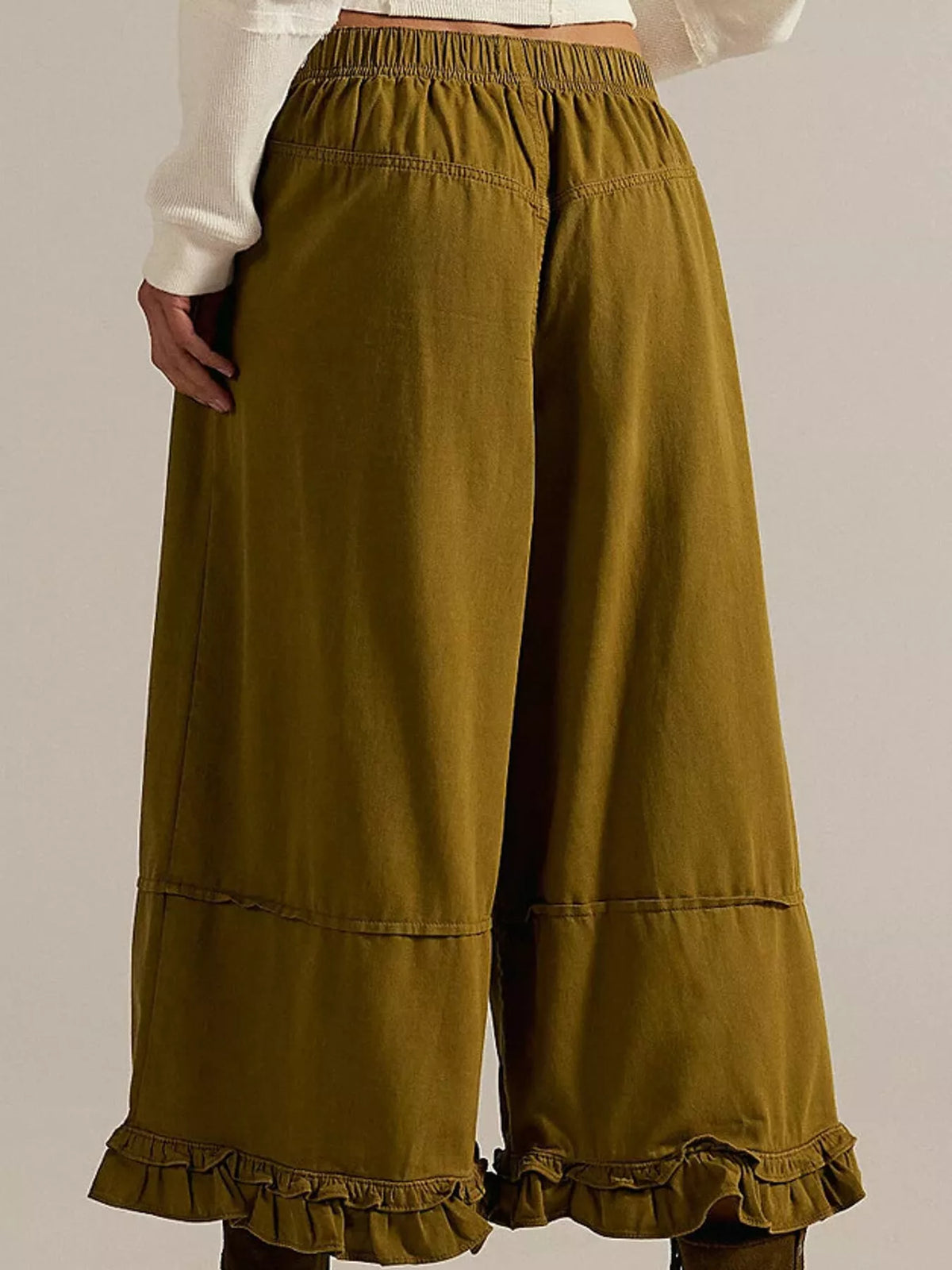Olive wide-leg ruffle-hem jeans, back view