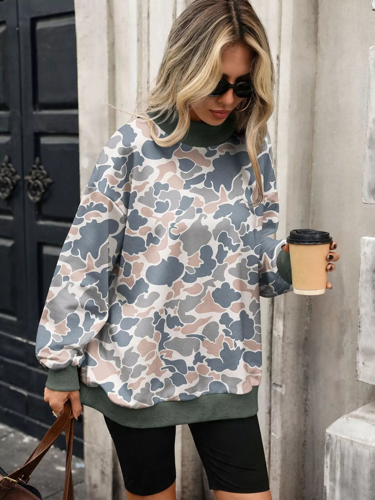 Camouflage-print mock-neck sweatshirt