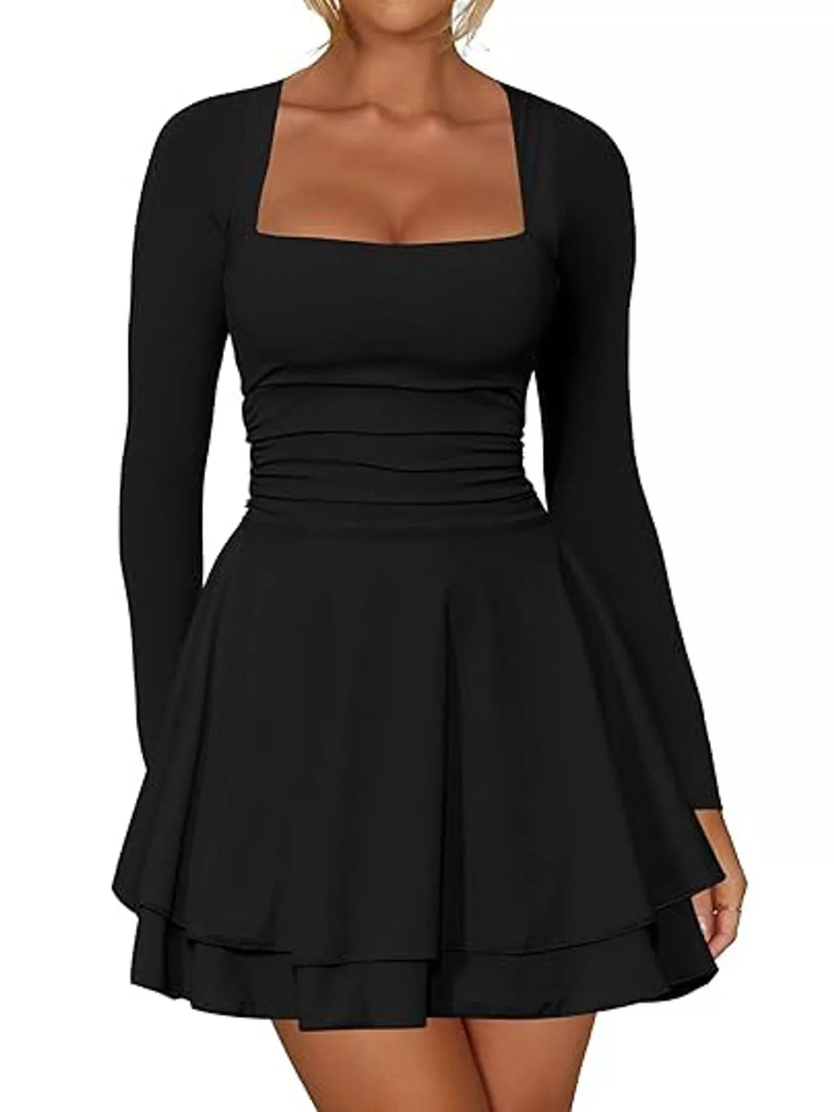 Square neck long sleeve mini dress, front view on model
