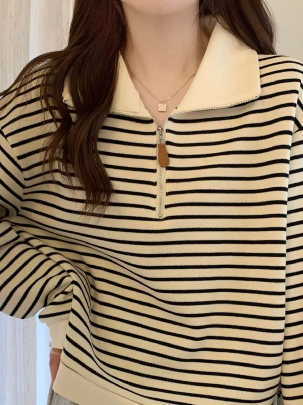 Striped Quarter-Zip Pullover Sweatshirt, detail view in cream and black