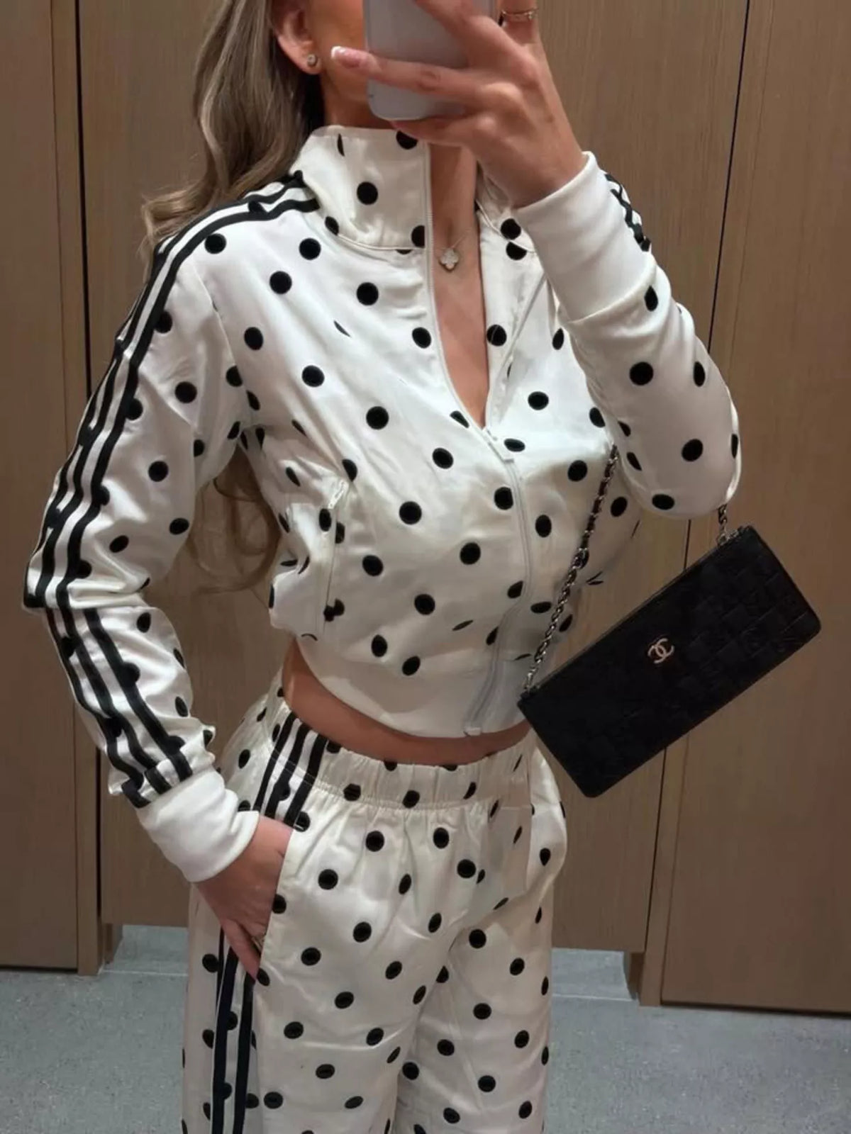 Trendsi Polka Dot Side Striped Outerwear and Pants Set -