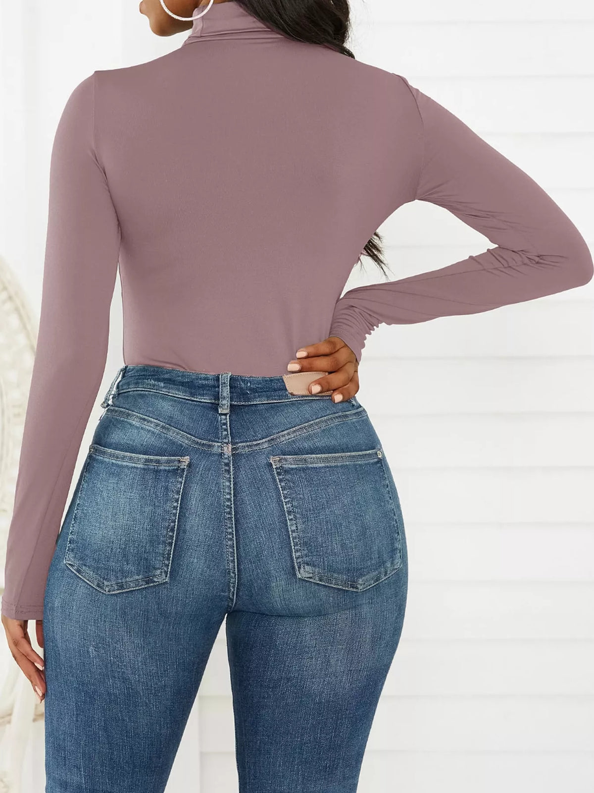 Long Sleeve Turtleneck Slim-Fit Bodysuit, back view in mauve