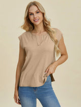 Trendsi Double Take Full Size Notched Cap Sleeve Knit Top -