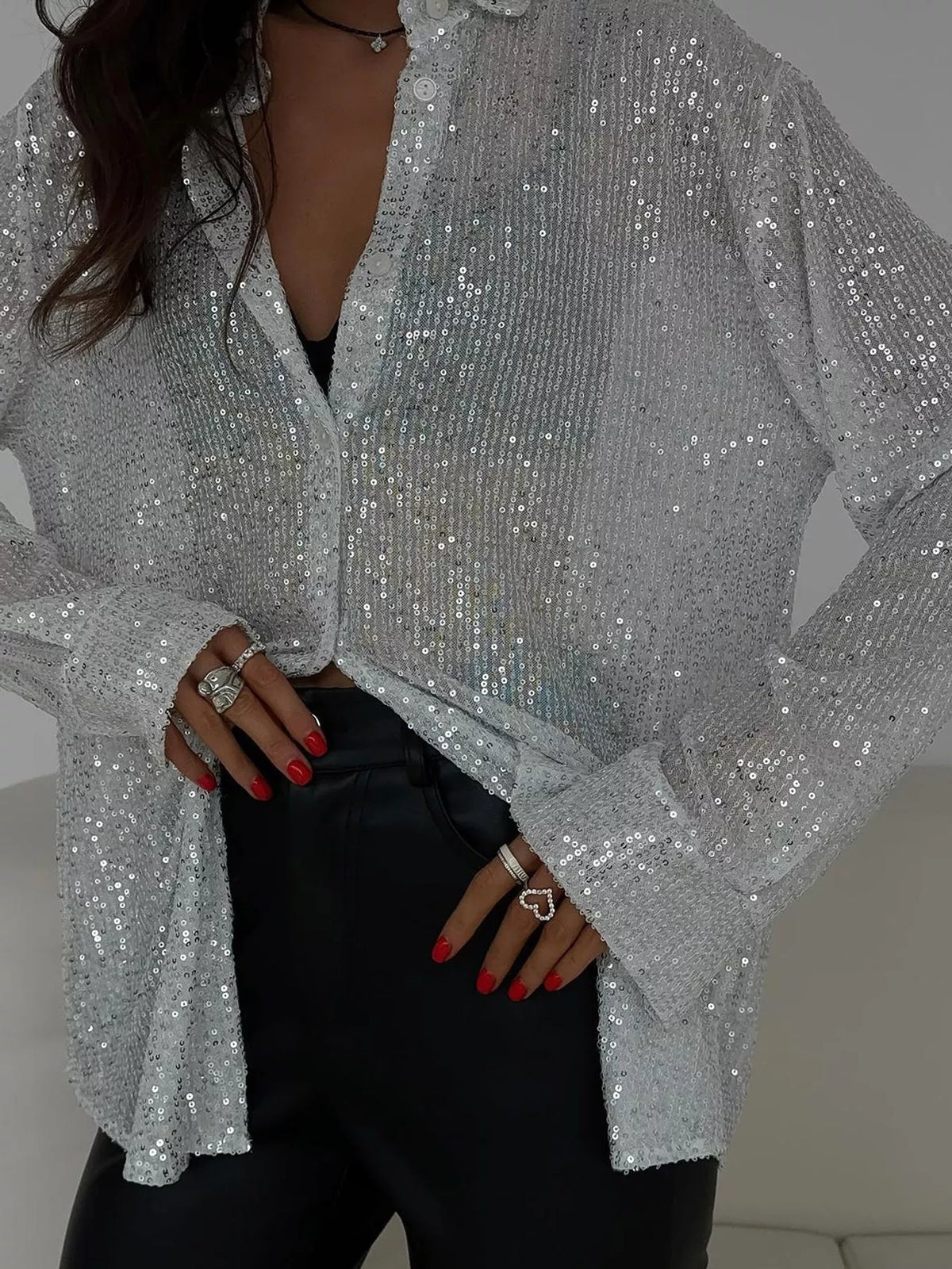 Silver White sequin button up long sleeve shirt