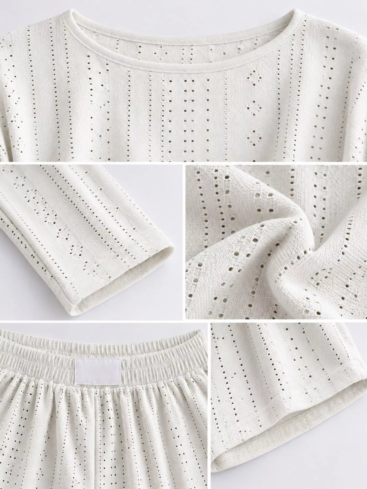 Eyelet Long Sleeve Top and Shorts Lounge Set, detail view in white