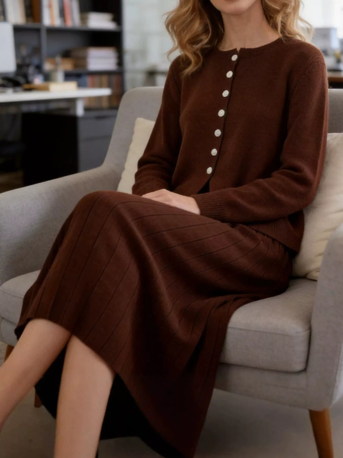 Brown cardigan and skirt set