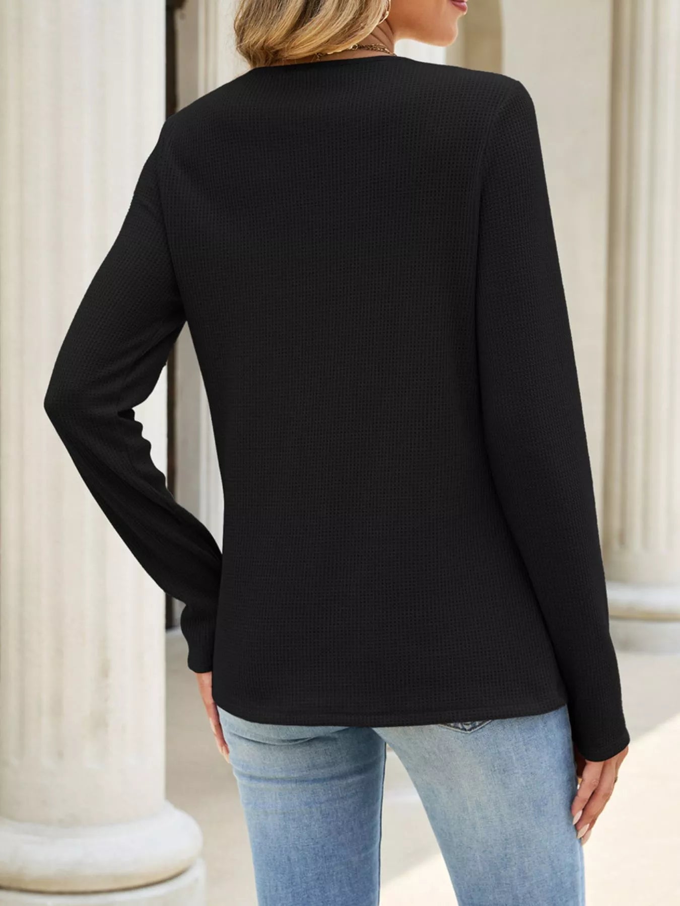 Trendsi Lace Panel Waffle Knit Long Sleeve T-Shirt -