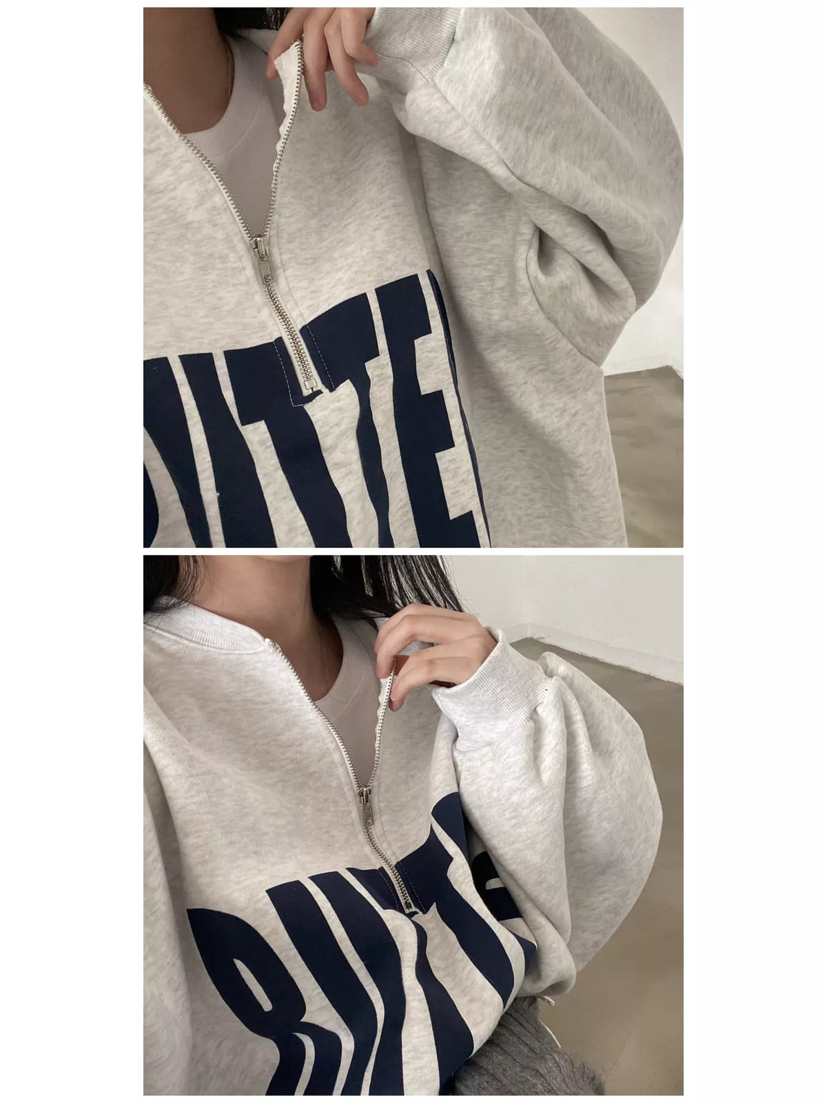 Women's Half-Zip Letter Graphic Sweatshirt in gray — detail collage view