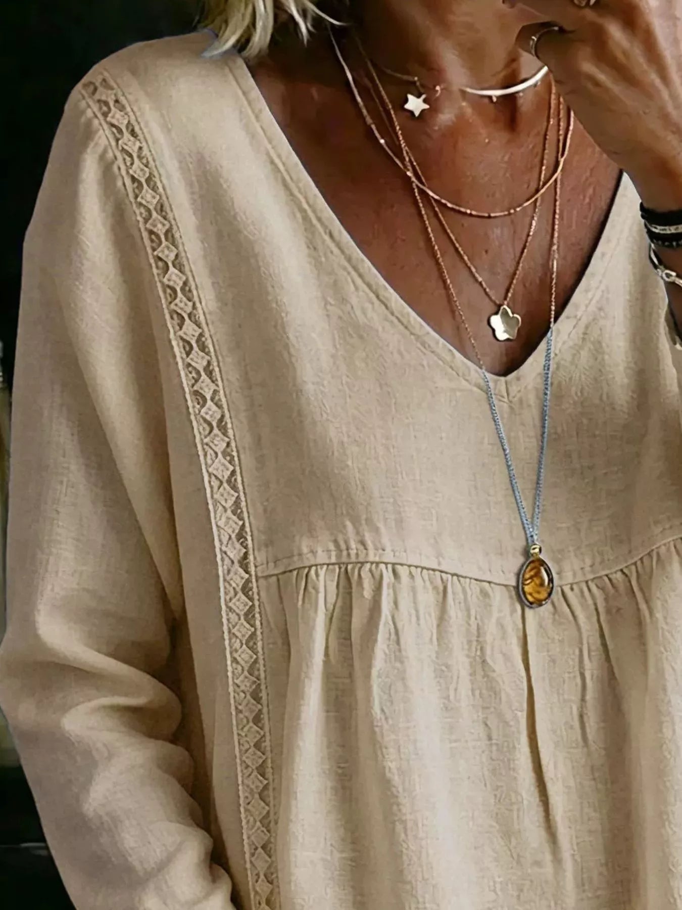 Trendsi Full Size V-Neck Lace Trimmed Long Sleeve Blouse Plus Size -