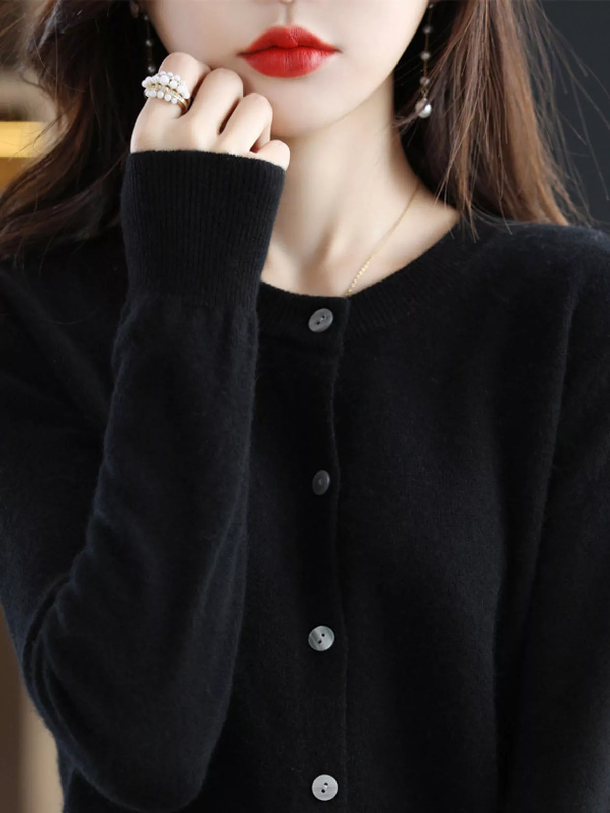 Black crew neck button-front cardigan