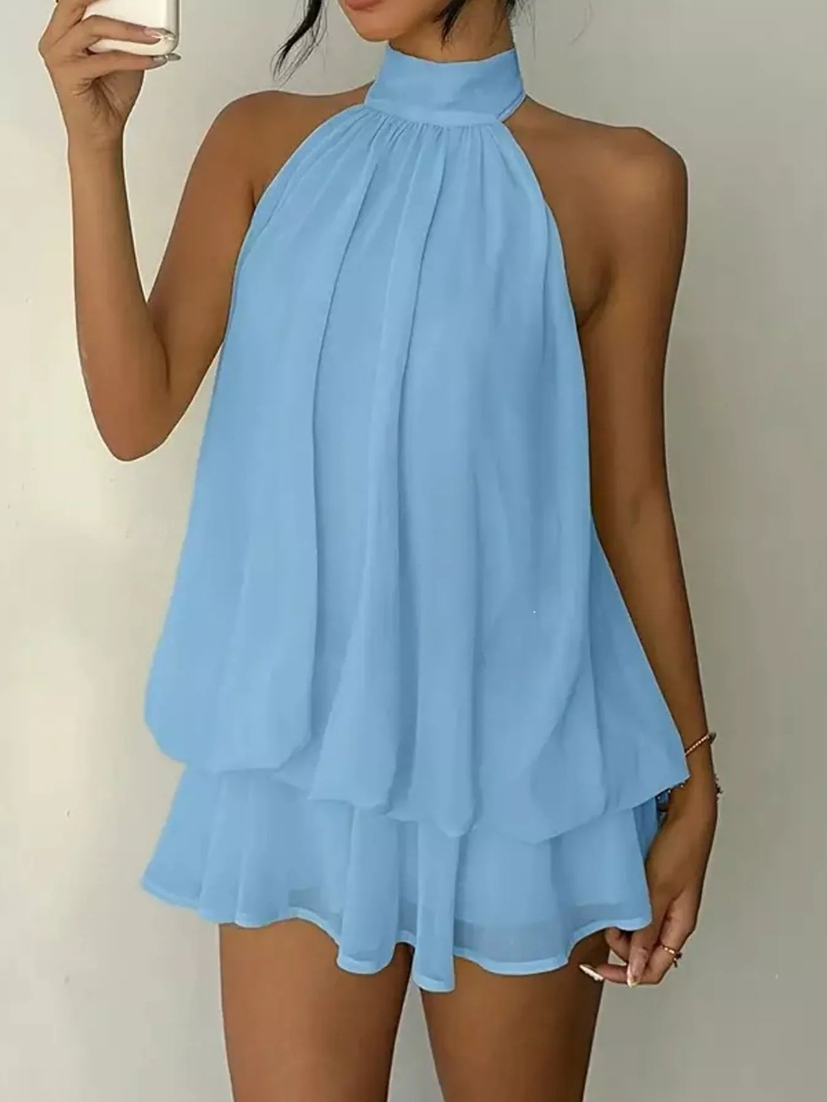 Light blue halter neck chiffon mini dress