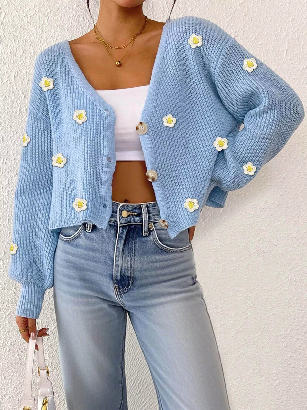 Floral V-neck button-down cropped cardigan