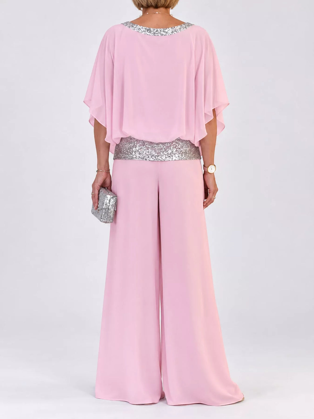 Chiffon Top and Wide-Leg Pants Set — back view