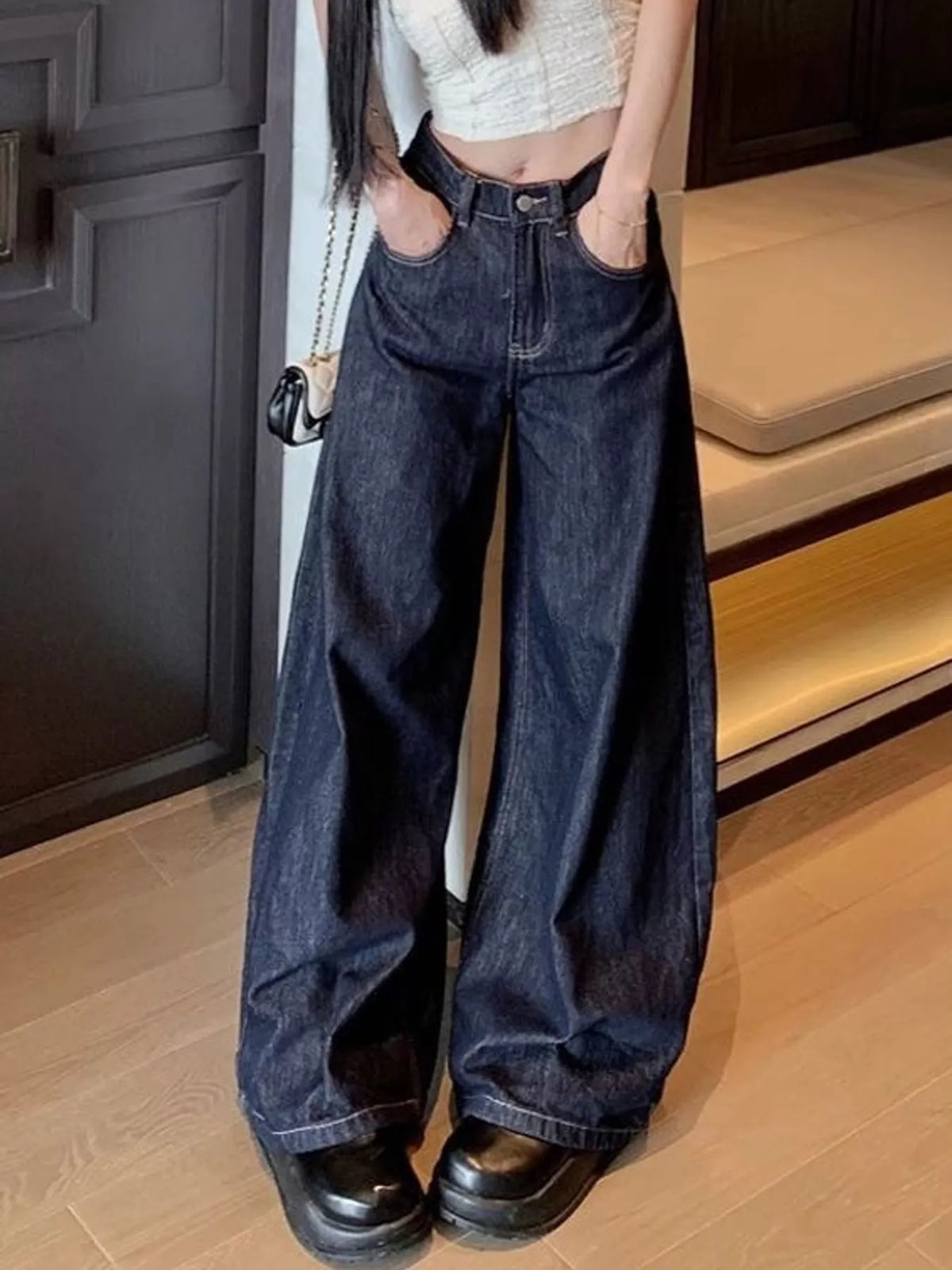 High-Waisted Wide-Leg Jeans in dark blue