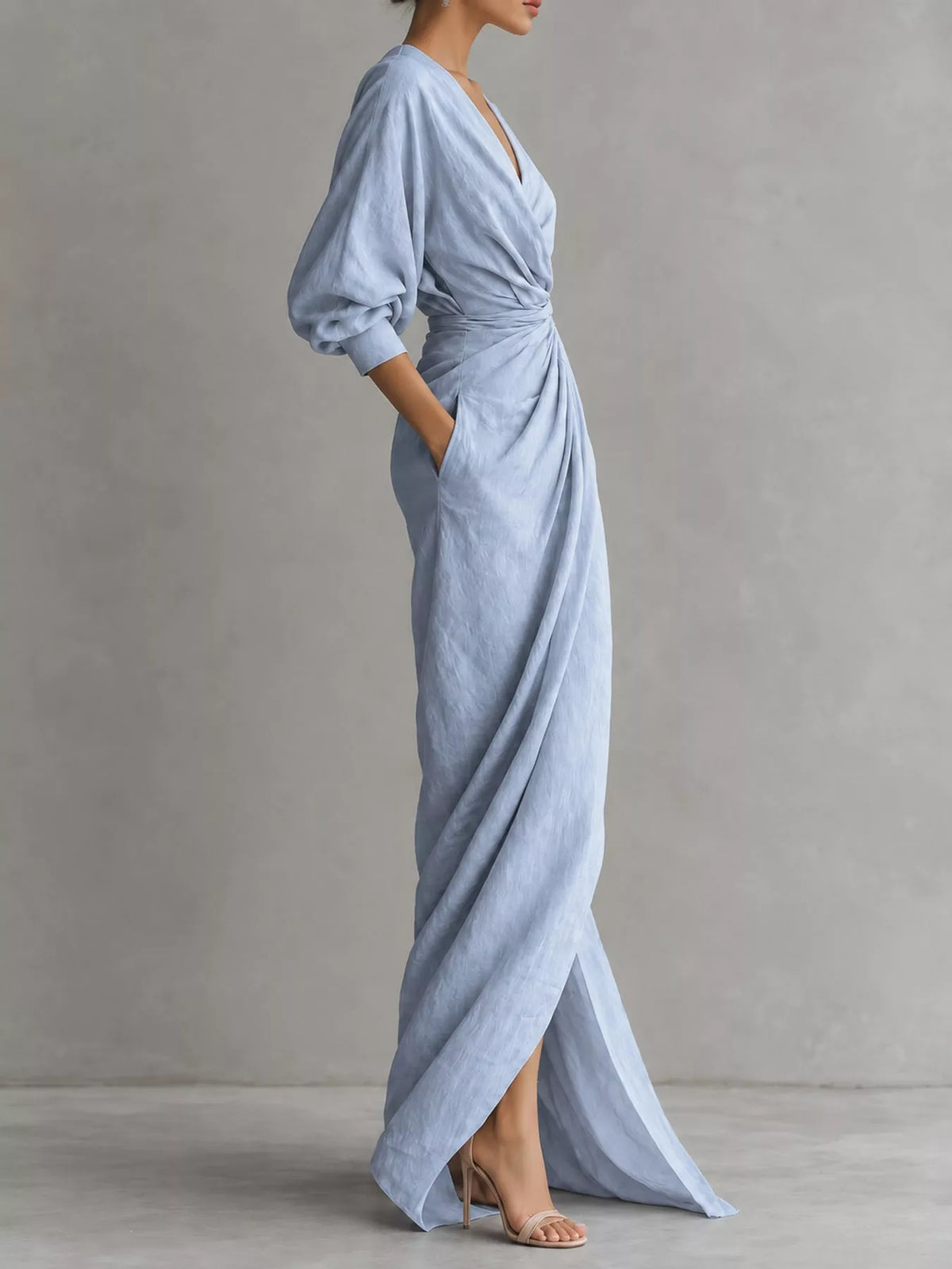 V-neck 3/4 sleeve maxi dress, side view