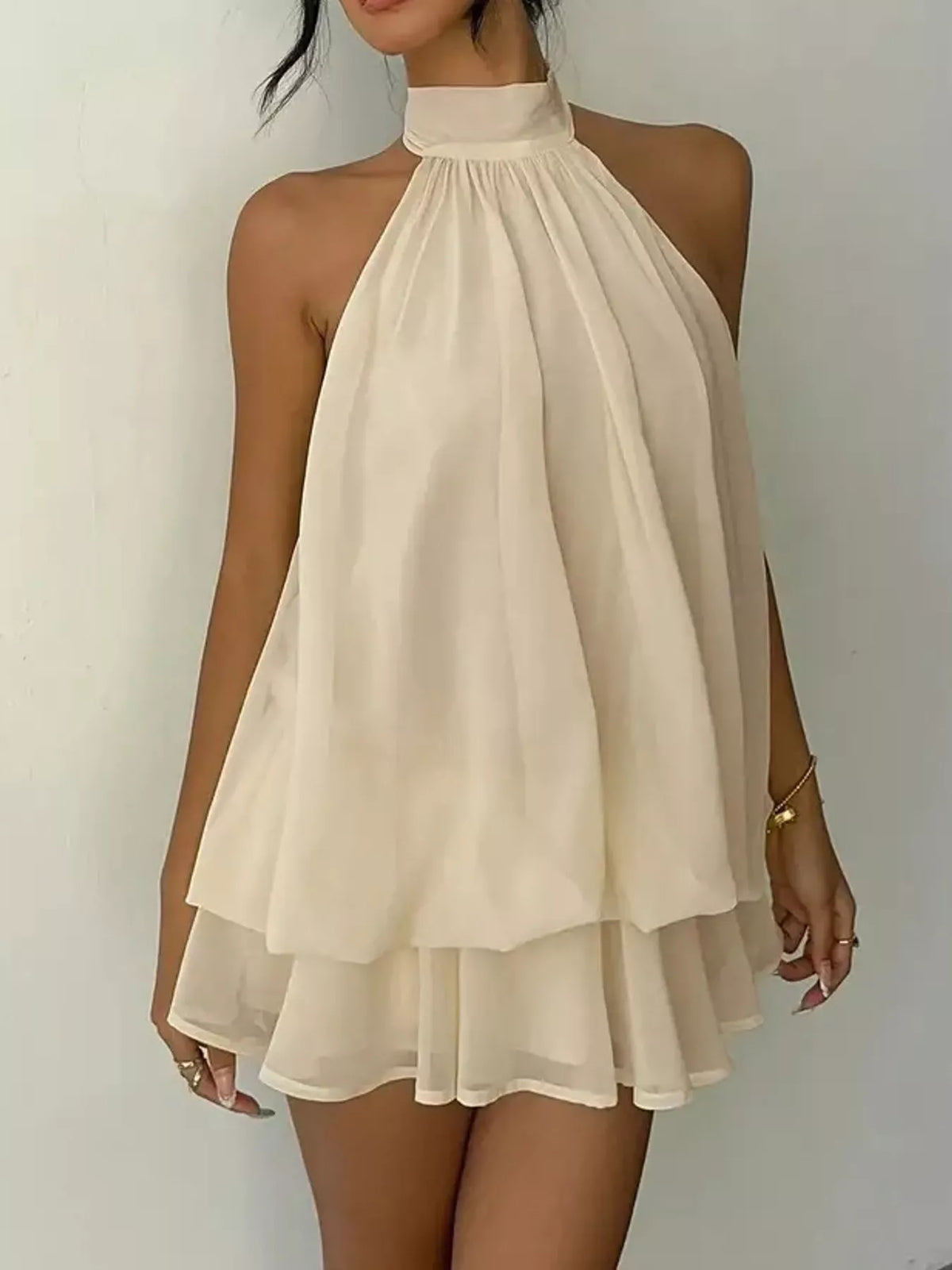 Cream halter neck chiffon mini dress