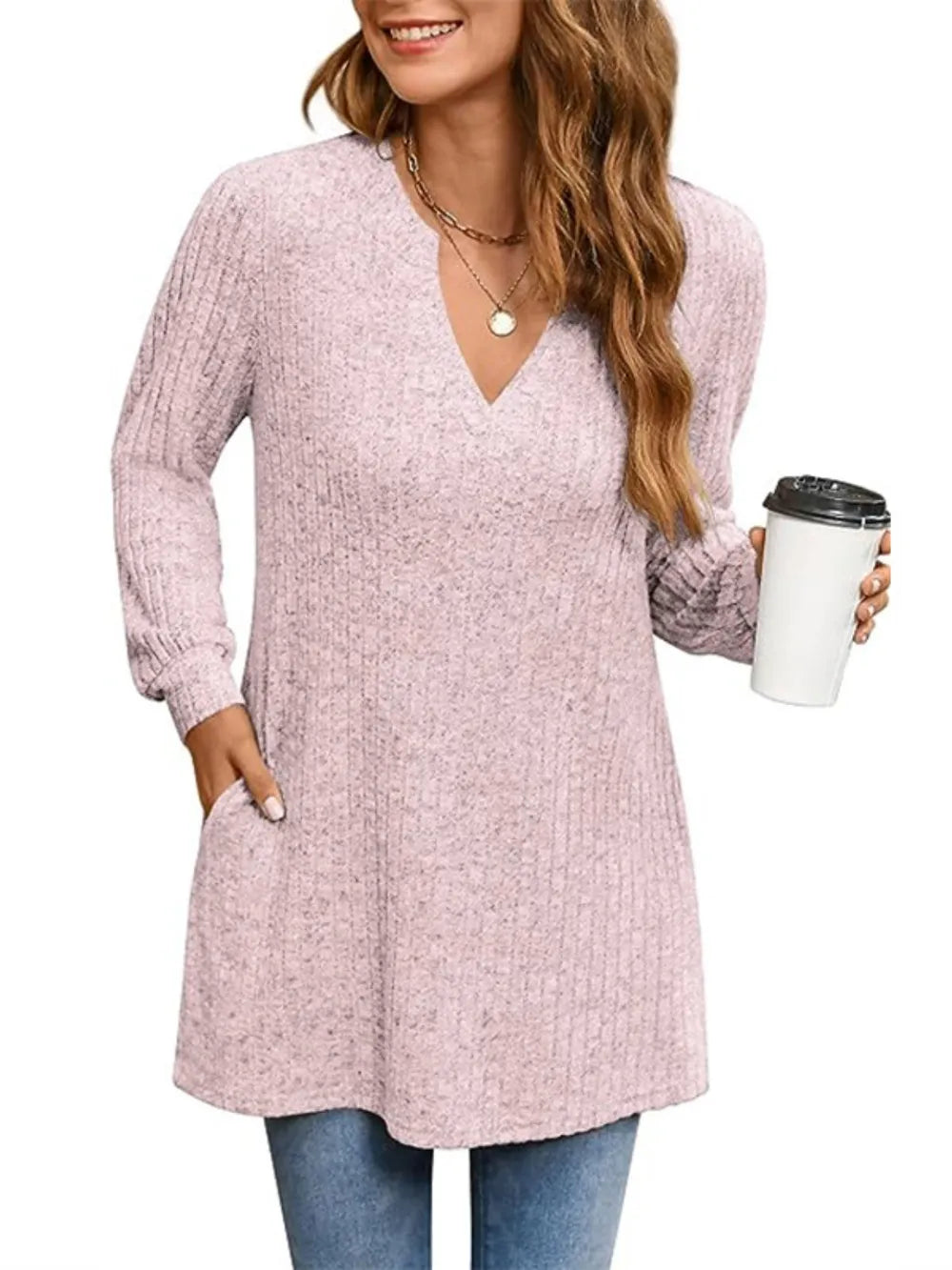 Trendsi Ribbed Notched Long Sleeve T-Shirt -