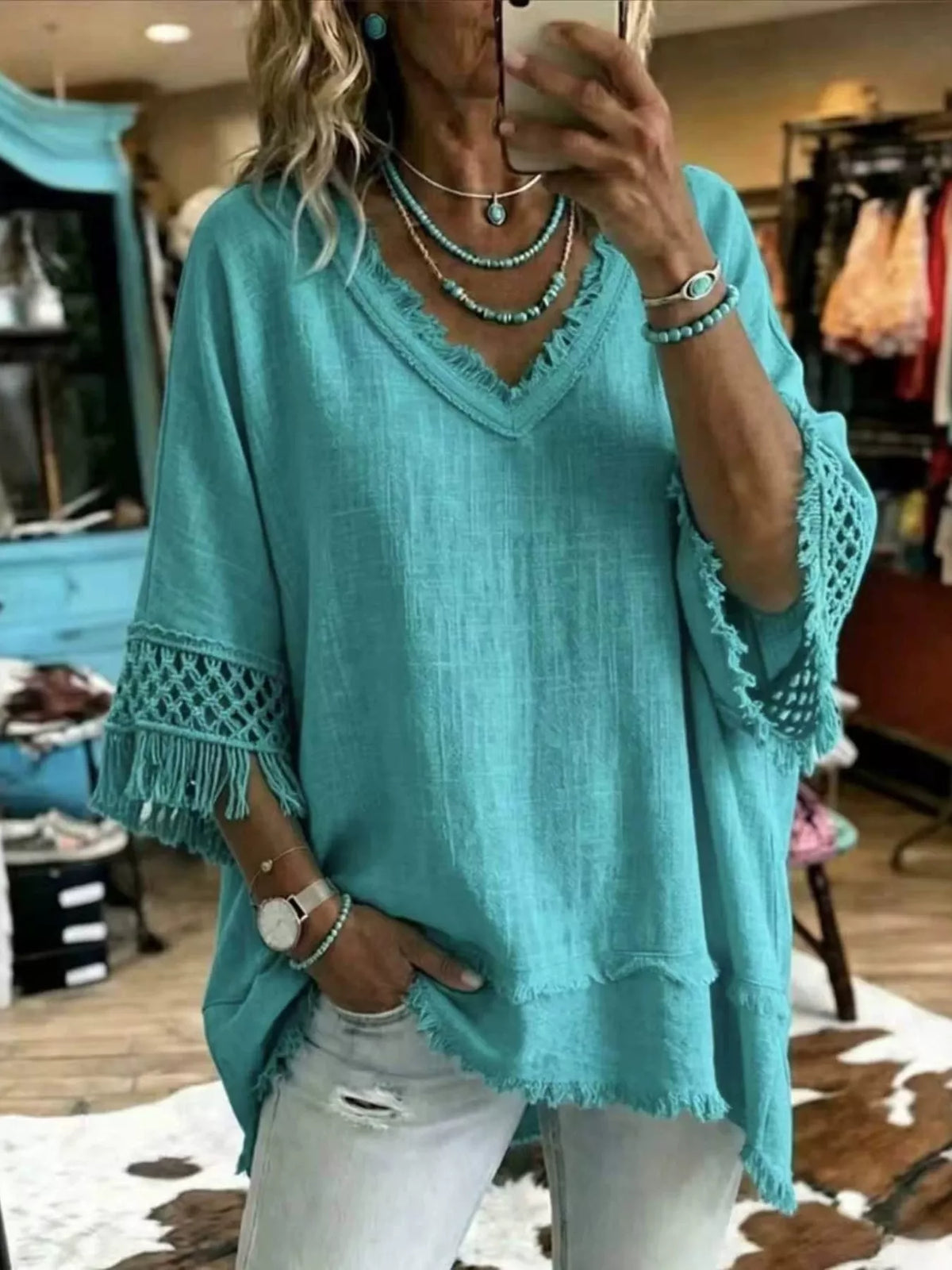 Turquoise Fringe Trim V-Neck Loose Fit Blouse front view
